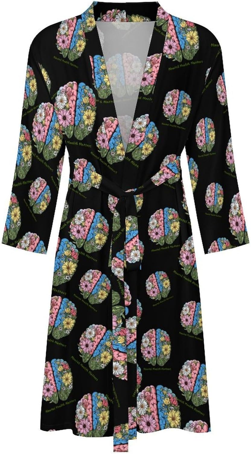 Mental Health Matters Floral Brain Mens Robe Long Bathrobe for Women Bath Robes Lightweight Soft Printed Sleepwear