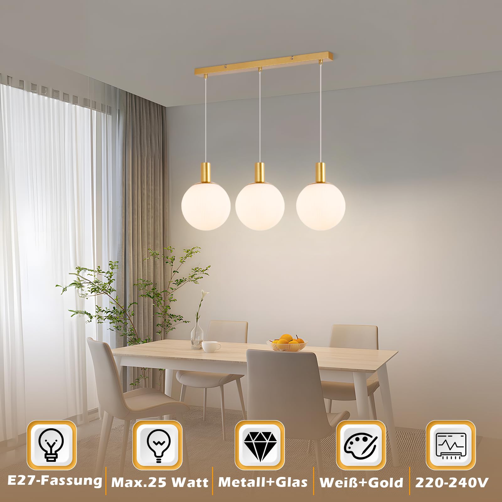 CBJKTX Pendelleuchte Esstisch Hängeleuchte Glas mit 6 Stück E27 Leuchtmittel - Gold 3 Flammig Hängelampe Esstischlampe Hängend Höhenverstellbar Pendellampe Modern für Esszimmer Küche Wohnzimmer Flur