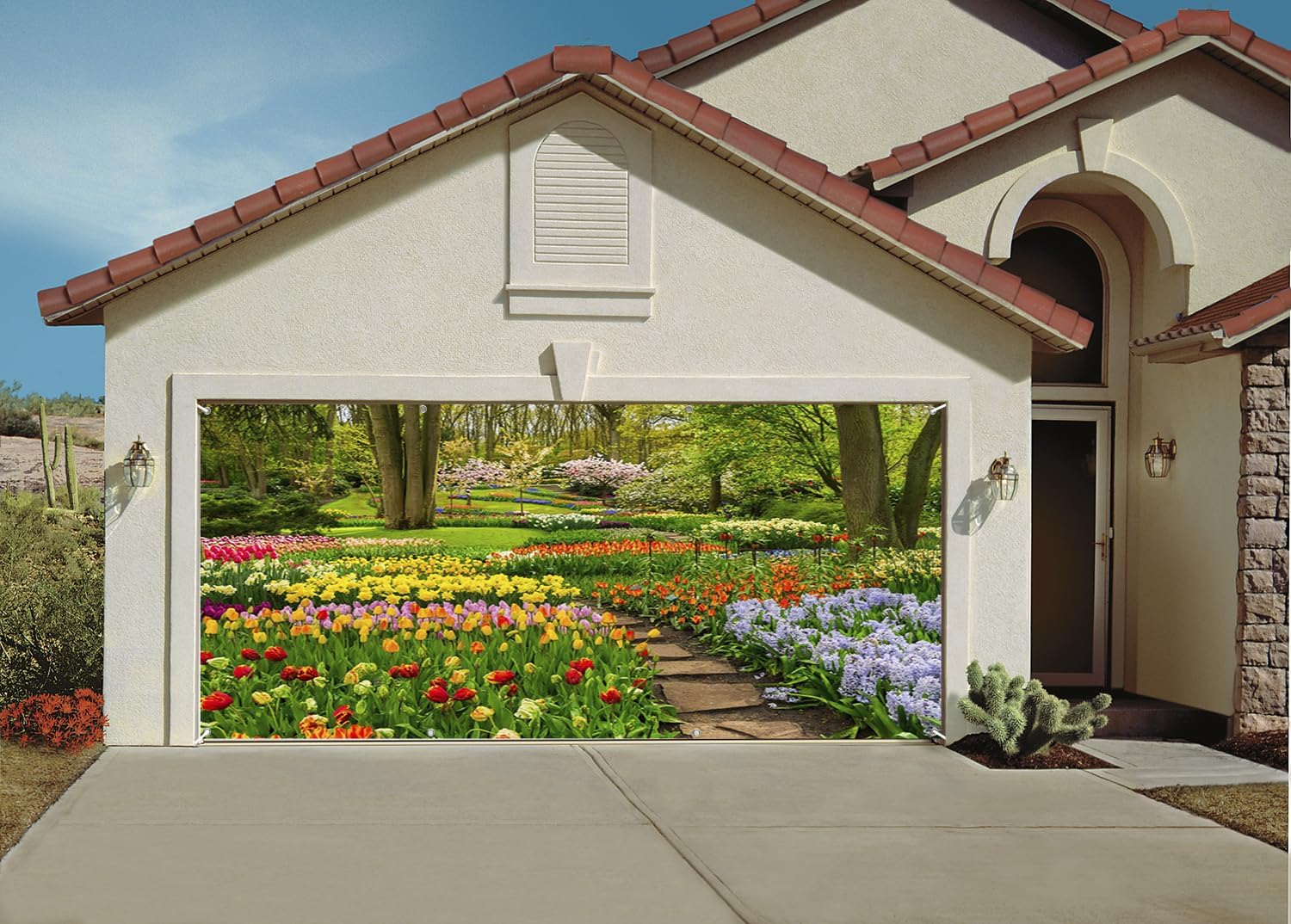 7x16ft Spring Garden Garage Door Decor Colourful Tulips Purple Lavender Flowerbed Green Forest Garage Door Cover for Outdoor Weddings Spring Themed Garage Door Banner