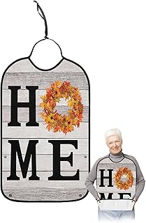 Kewadony Adult Bibs for Elderly Women - Fall Waterproof Dining Clothing Protectors with Crumb Catcher for Eating/Feeding, Maple Leaves Pumpkin Wreath Home Harvset Grey Wood Terry Cloth Bib Washable
