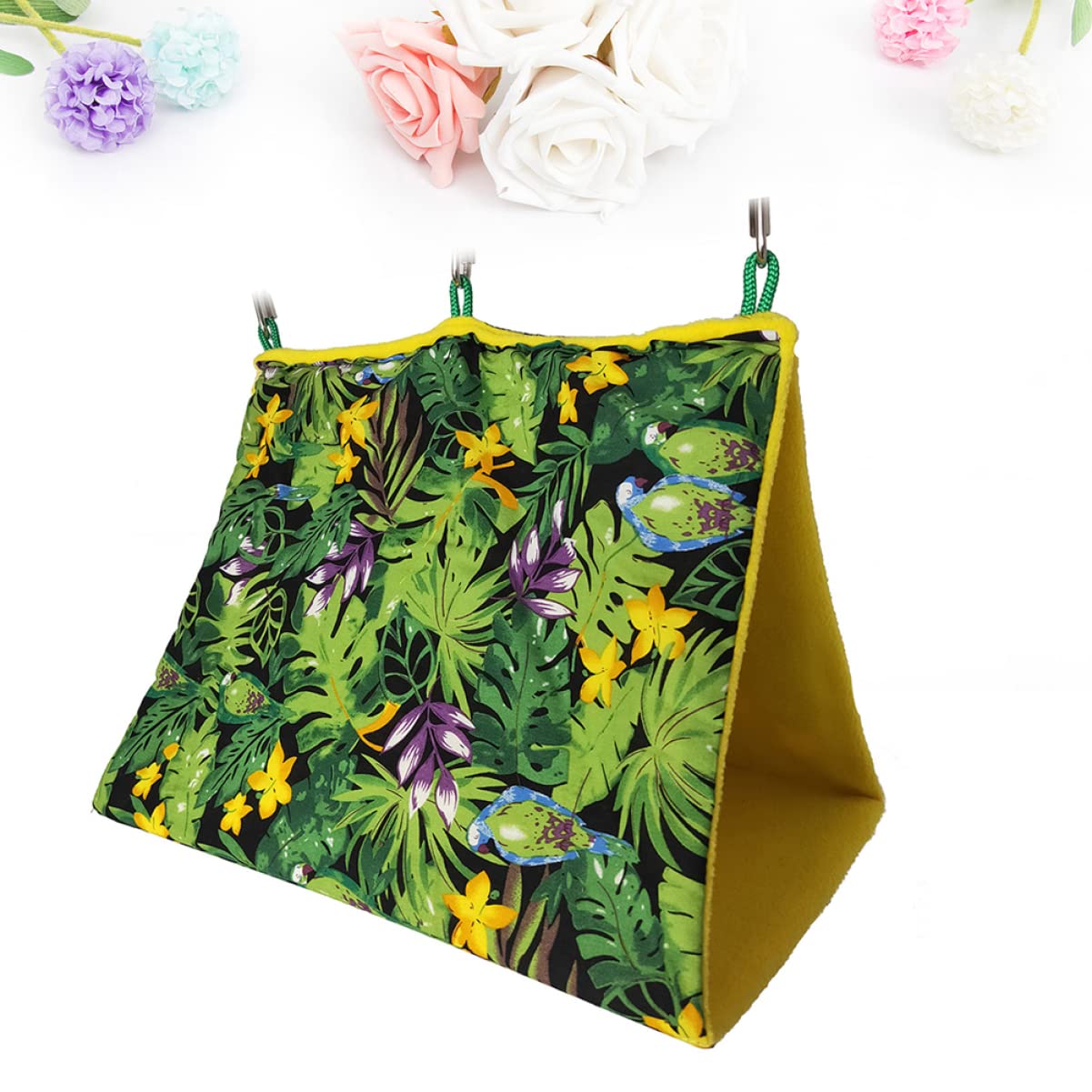 Happyyami Hamac Suspendu Nid Oiseau Vert en Tissu pour Perroquet Motif Forêt Tropicale Lit Confortable et Sécurisé pour Canaris et Alouettes, pour Porte ou Chevet