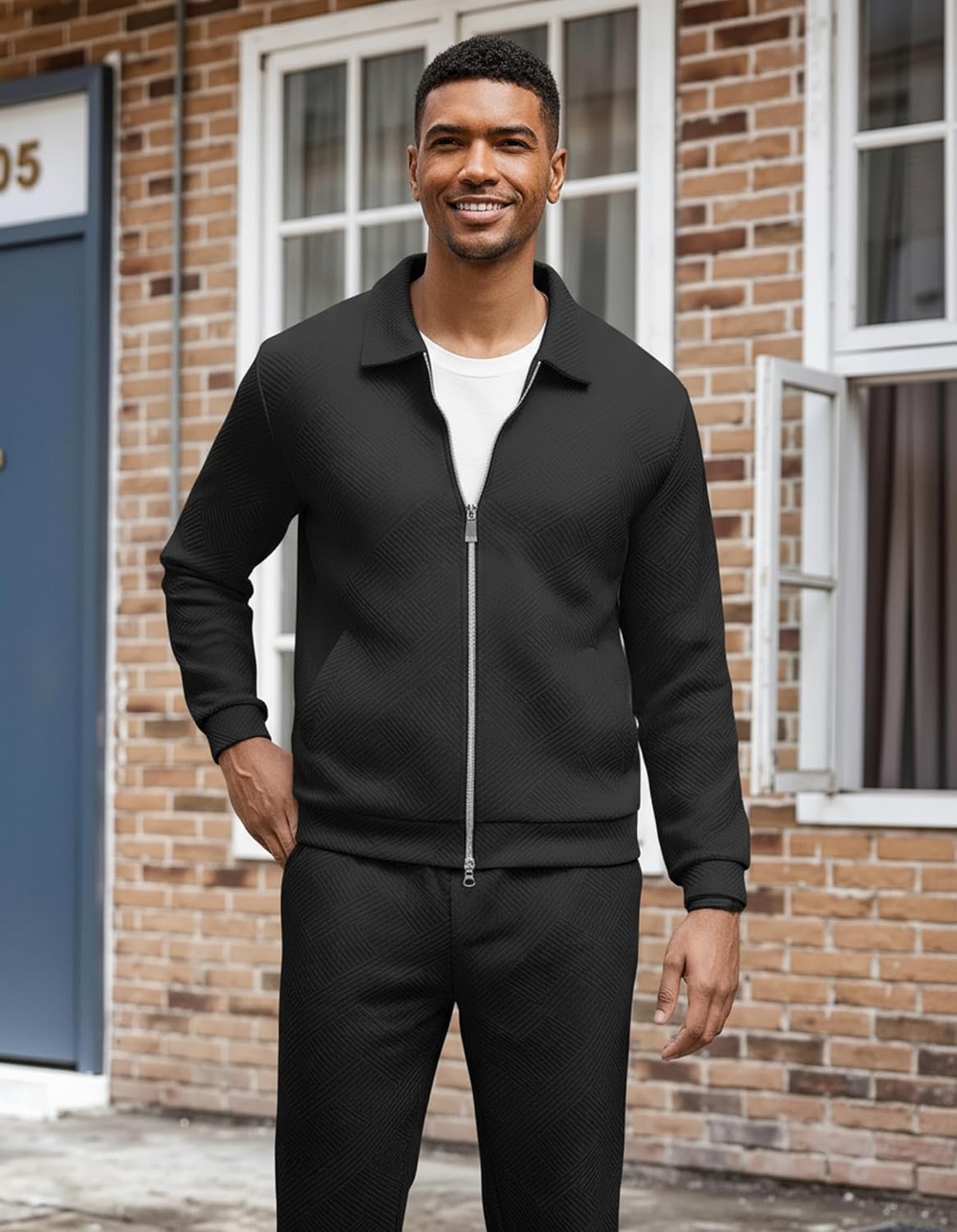 UOUA Mens 2 Piece Tracksuits Set Casual Jacquard Sweatsuits Outfits Full-Zip Jakcet & Loose Jogging Pants - Image 4