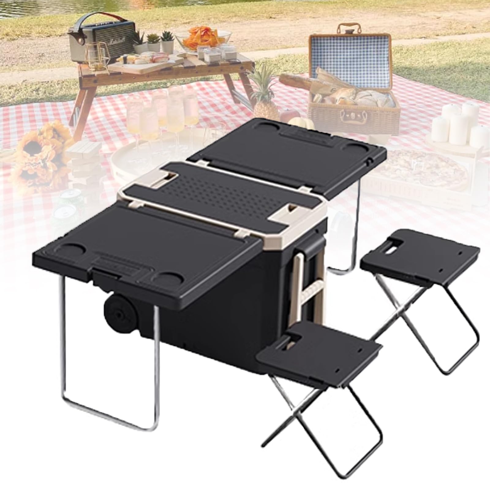 Glacière roulante avec table et 2 chaises intégrées pour camping - 7