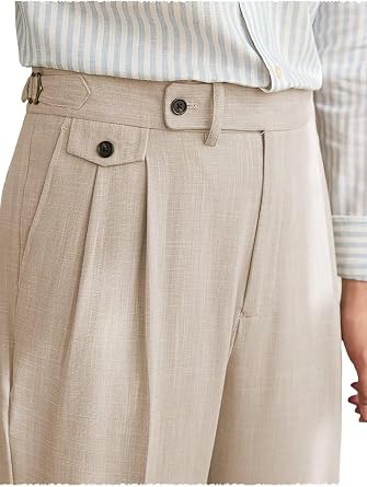 Men Linen Casual Pants Classic Flat Front Pleated Pants Lightweight Stretch Trousers