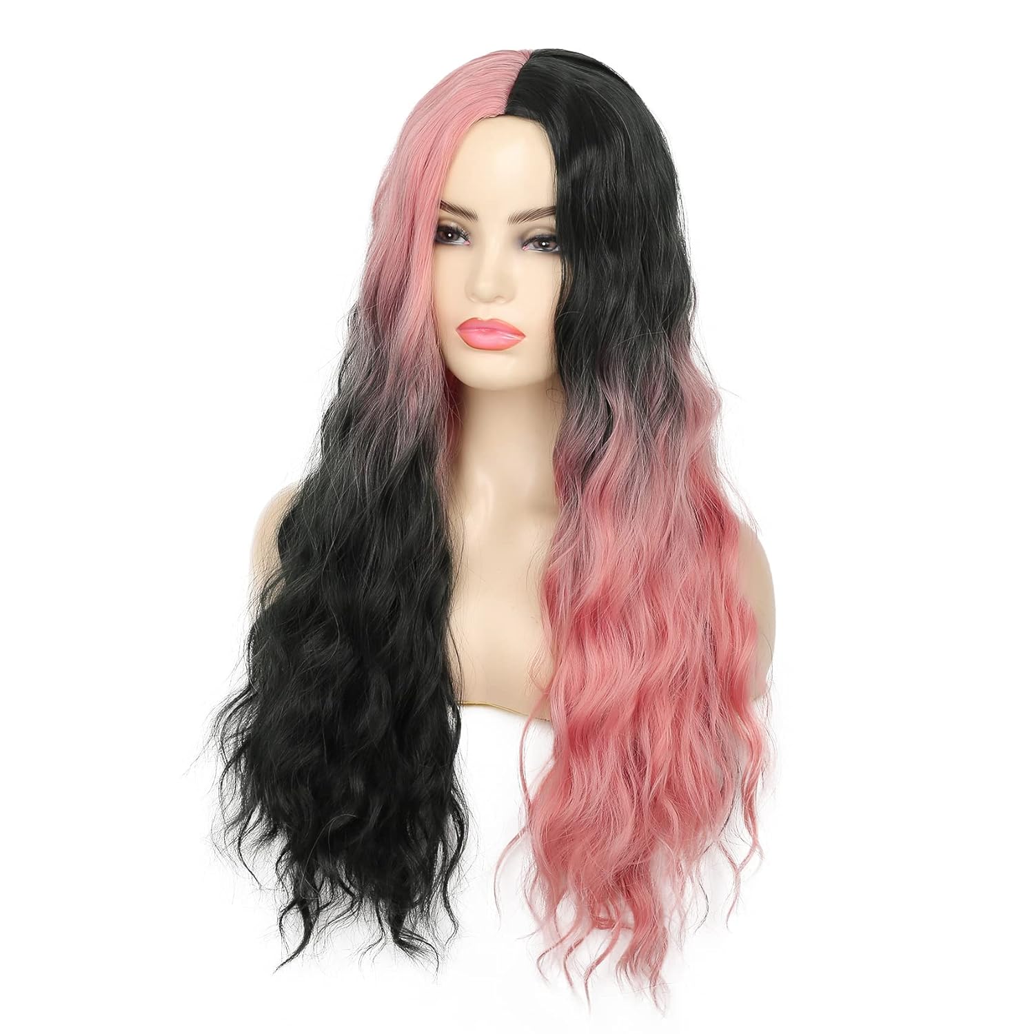 Swiking Half Pink Half Black Wigs for Women Long Curly Wave Synthetic Hair Heat Resistant Natural Full Wig for Daily Party Cosplay Halloween