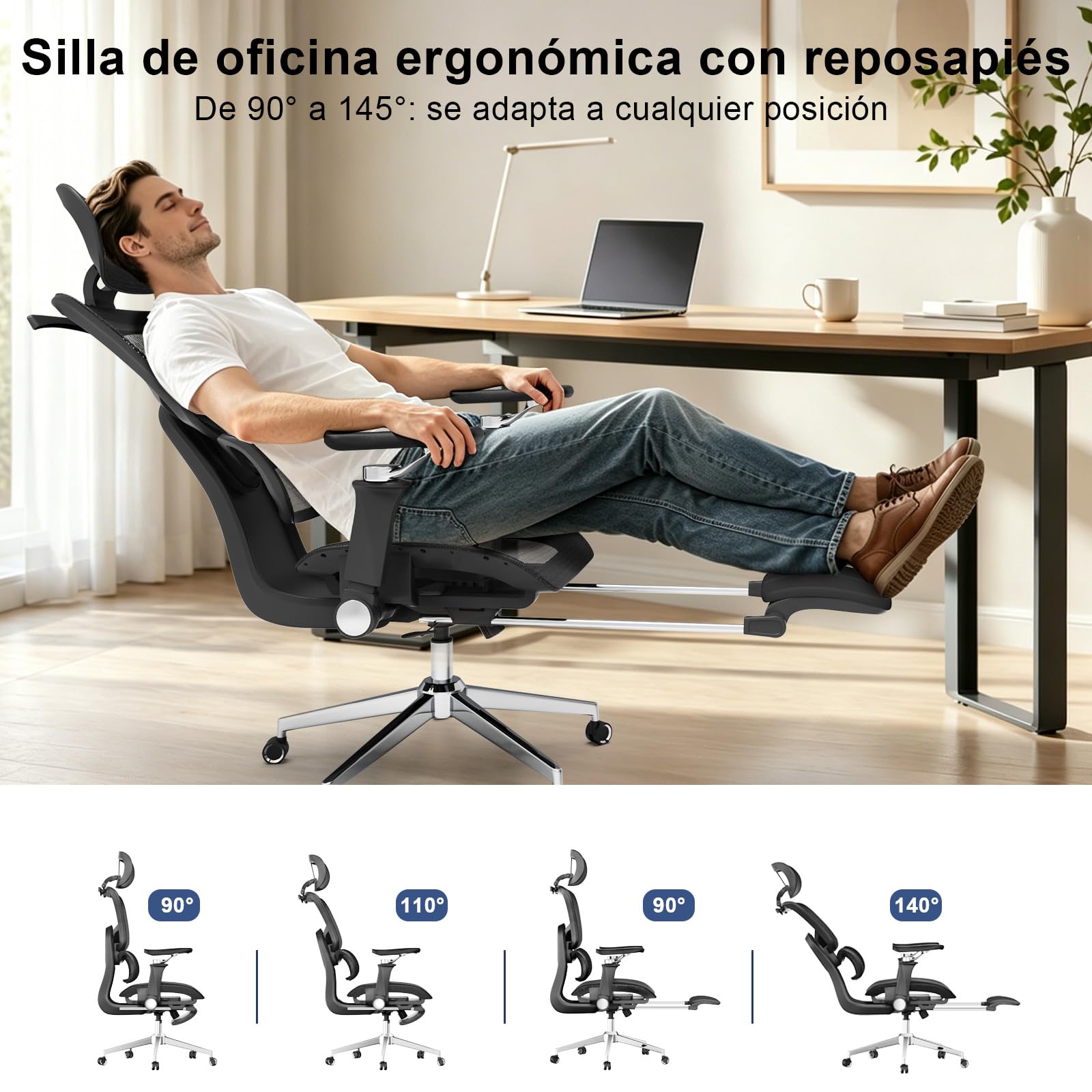naspaluro Silla de Oficina ergonómica cómoda Silla de Escritorio y reposabrazos 6D Ajustables, Silla de computadora con reposacabezas, reposabrazos abatibles (Negro)