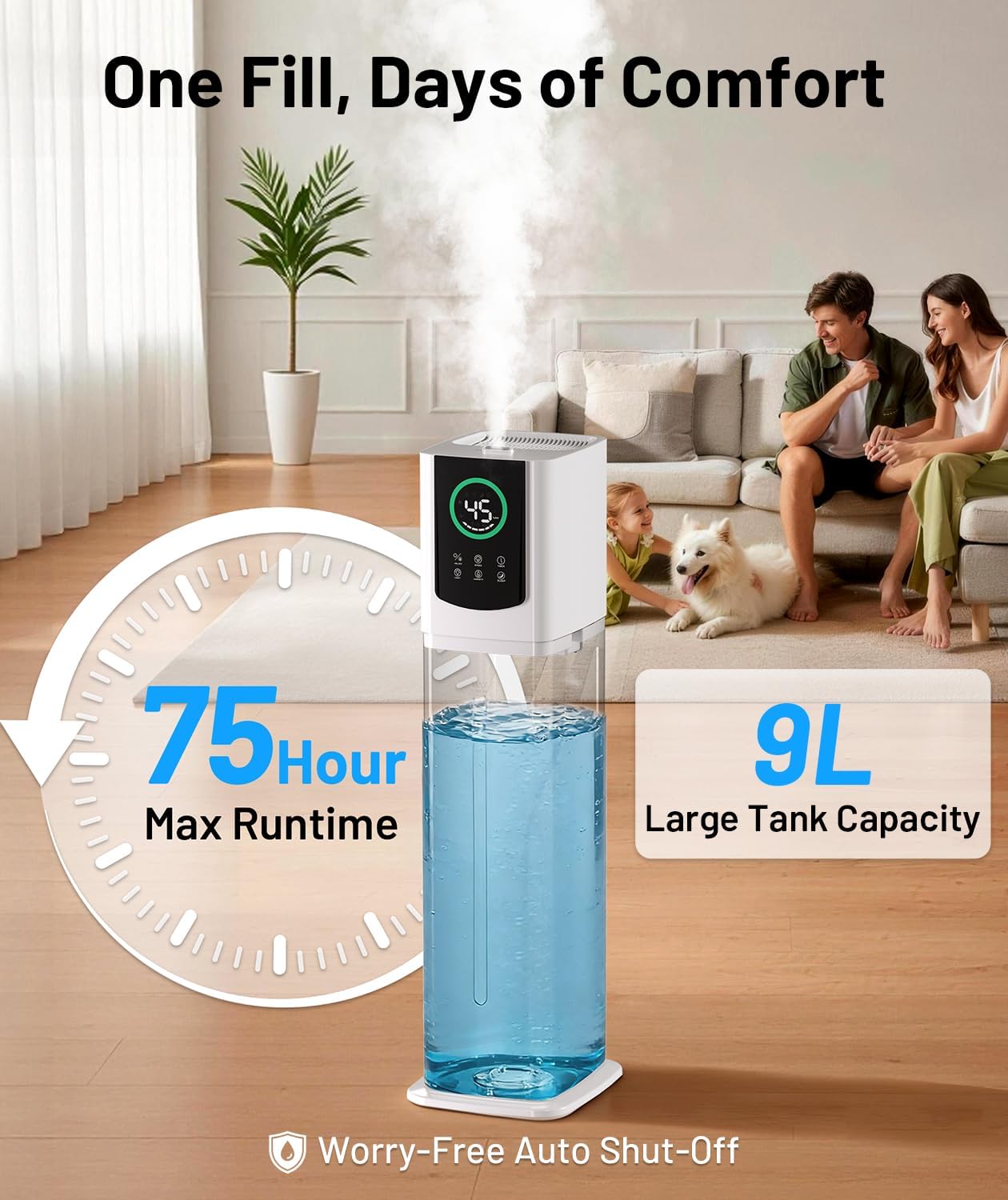 2.4 Gal/9L Humidifier for Bedroom, Large Room 500ft², Cool Mist Air Humidifiers with 75H Runtime, Humidity Setting, Easy to Clean, Top Fill, 30dB Quiet, for Plants, Adults, Nursery, Kids White