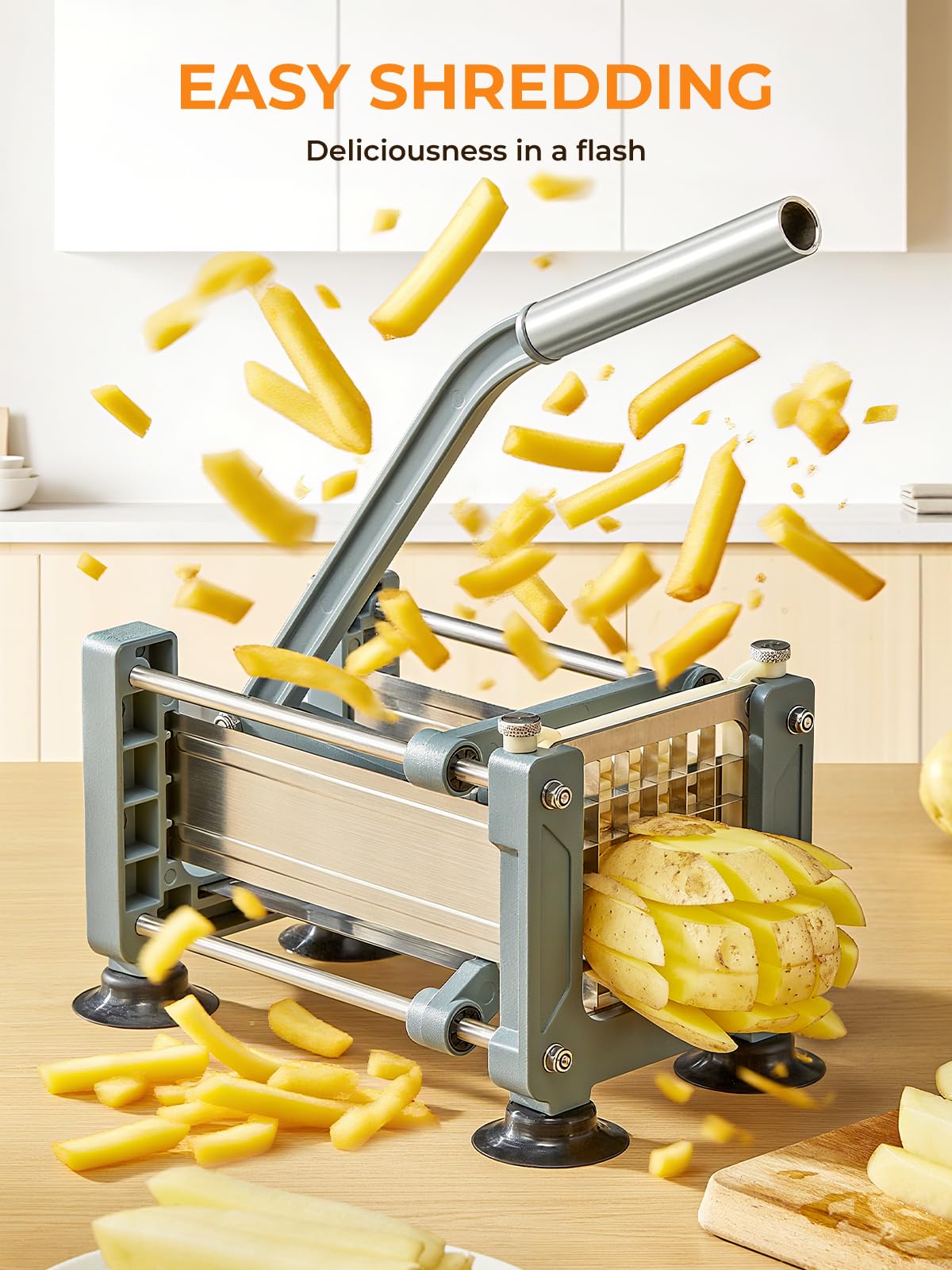FOHRER Pommesschneider Edelstahl Professioneller Manueller Kartoffelschneider mit 13 mm Klingen aus Edelstahl, Pommes Frites Schneider für ganze Kartoffeln, Karotten, Gurken, Zwiebel, Pommes