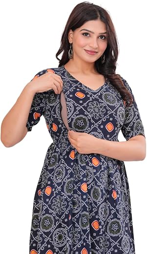 JAIPURFAME Women's Cotton Floral Printed Maternity Feeding Kurti with Zipper Maternity Gown for Women Feeding Dress