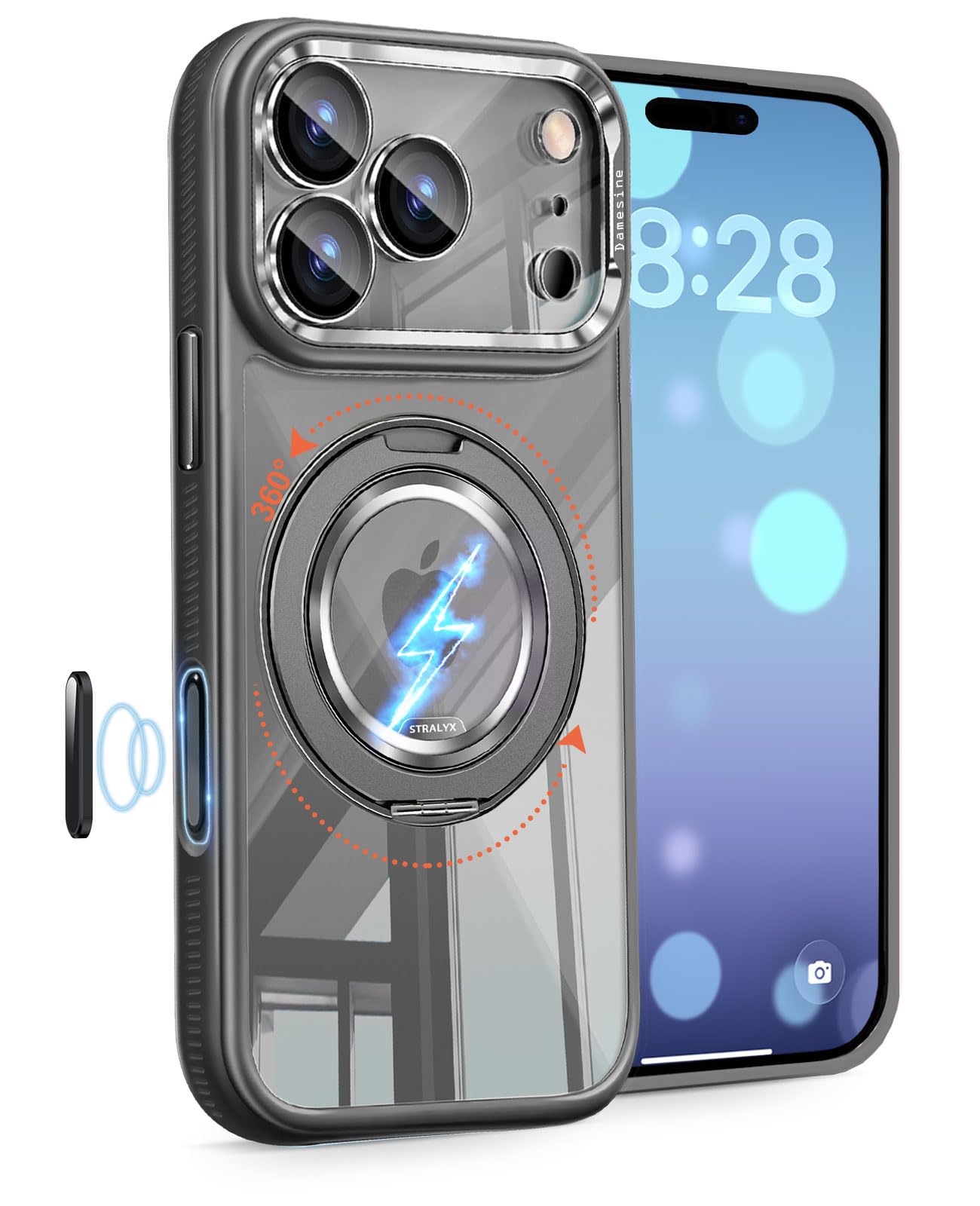 DAMESINE iPhone 17 ProMax用ケースMagsafe対応 マグネットリングスタンド付き クリア背面 シリコン耐衝撃 滑り止め カメラコントロールボタン キラキラカメラカバー着脱可能 かわいいアイフォン17プロマックスケース グレー