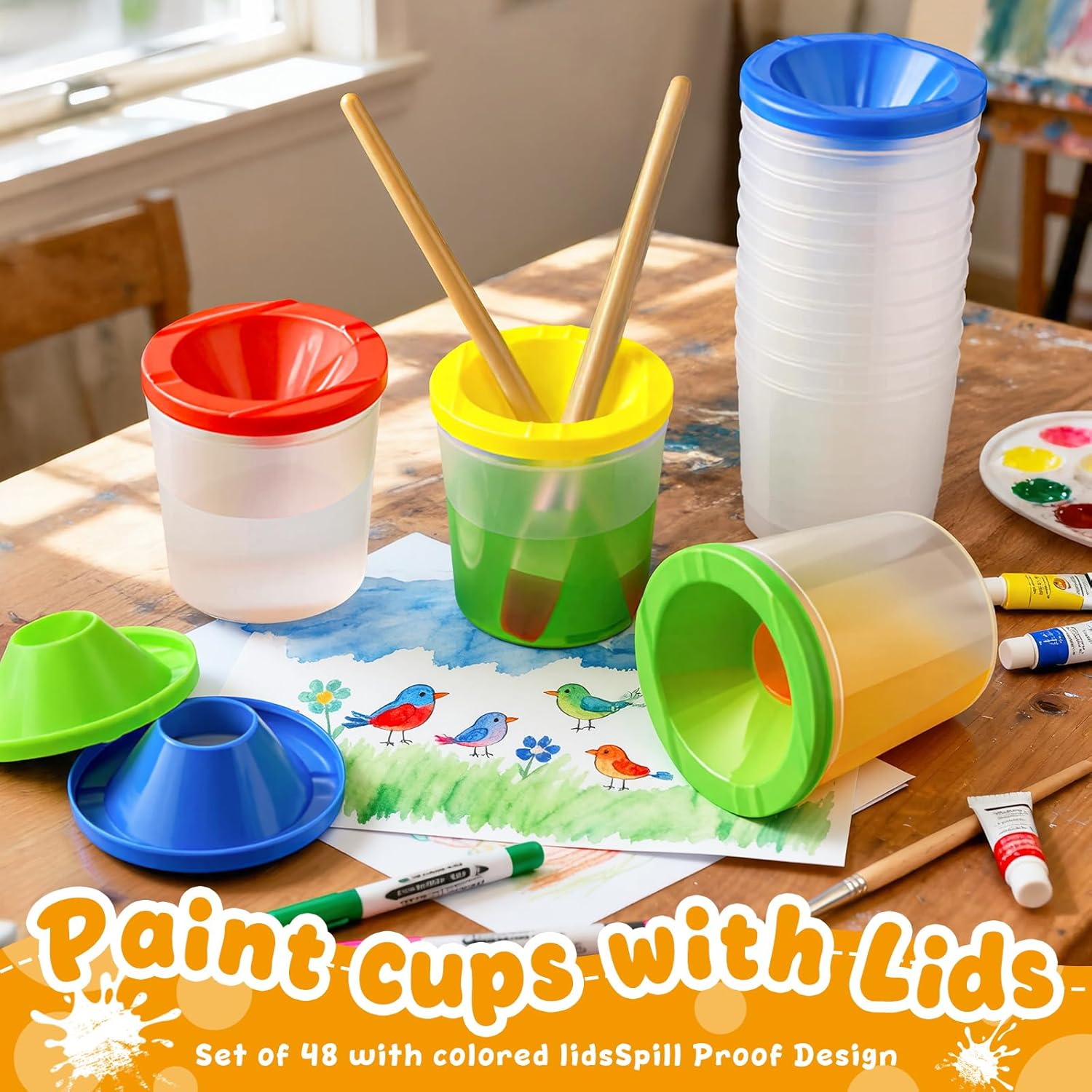 No Spill Paint Cups, 48pcs Paint Cups with Lids for Kids Suitable for Kids Paint, Spill Proof Paint Cups are Ideal for Classroom Art Supplies and Crafts, Durable Paint Cups with Lids(4 Colors)