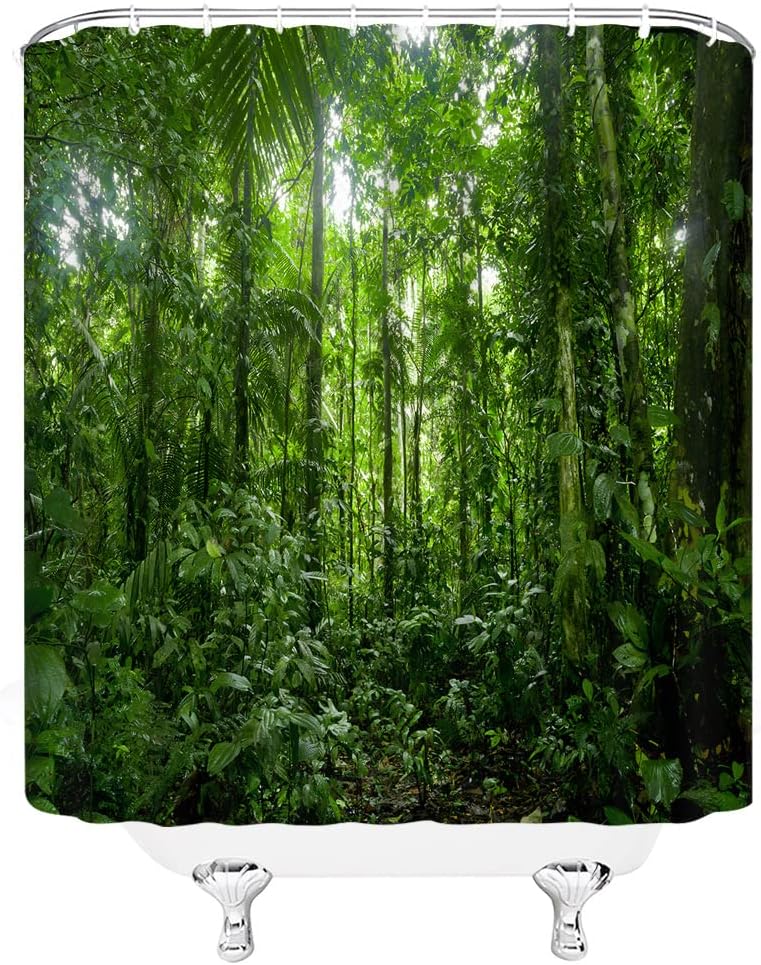 Tropical Rainforest Shower Curtain Green Leaves Sunshine Forest Botanical Rainforest Jungle Nature Scenery Fabric Bathroom Decor Curtain with Hooks