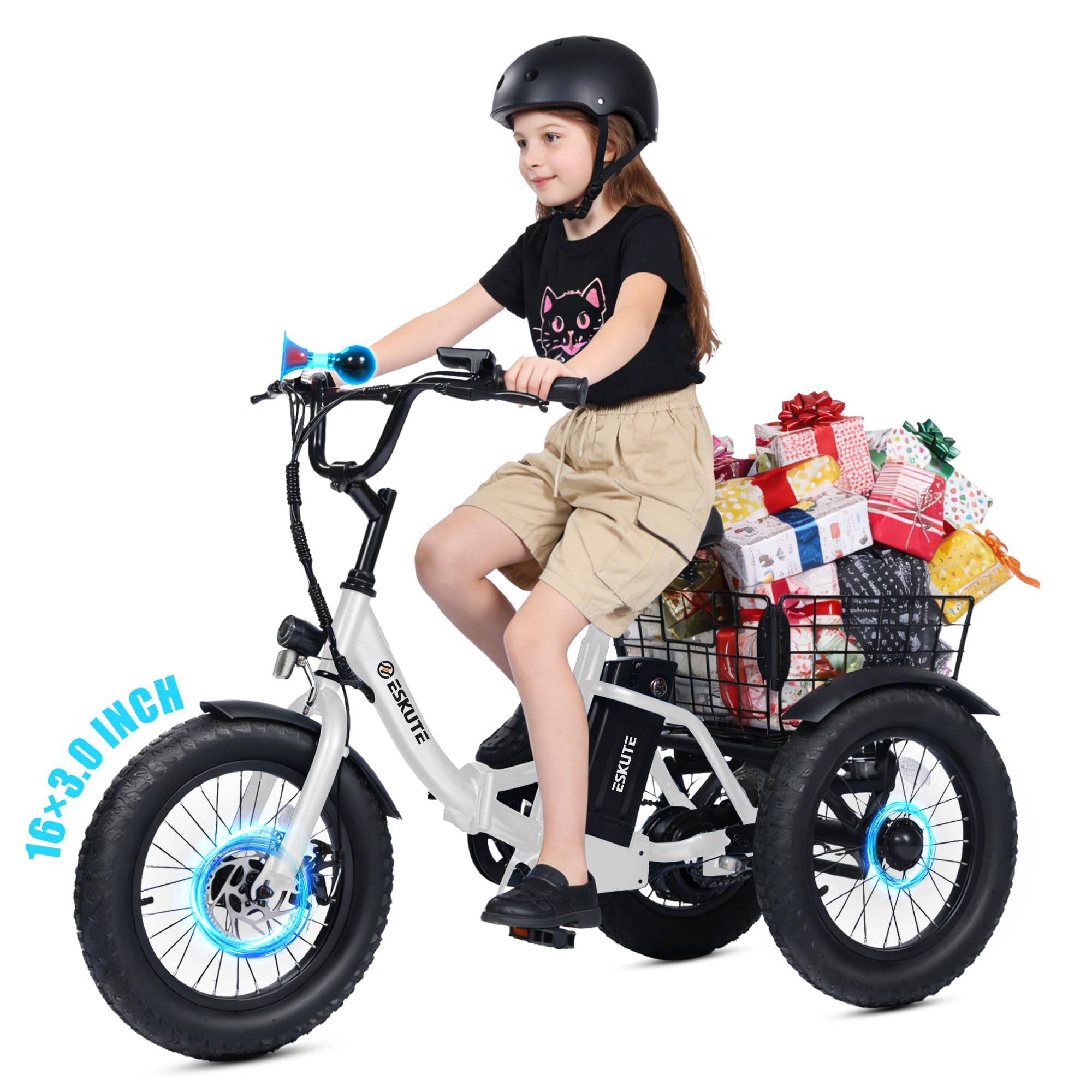 ESKUTE Mini E-Trike Electric Bike, 16X3.0 Fat Tire Folding Trike
