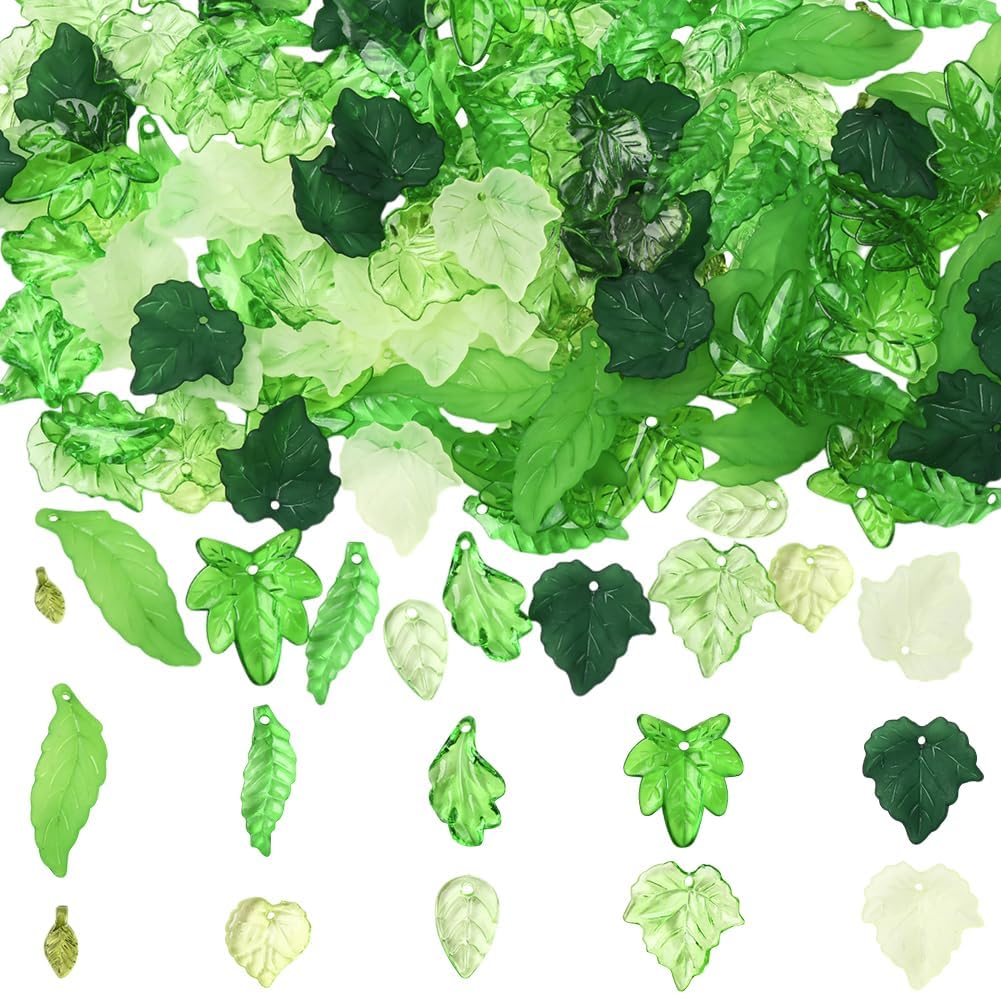 SUNNYCLUE 300Pcs 10 Styles Leaf Shaped Charms Acrylic Leaf Beads Bulk Tiny Transparent Spring Summer Green Plant Leaves Pendants for Jewellery Making Earrings Necklaces Bracelets Diy Crafts