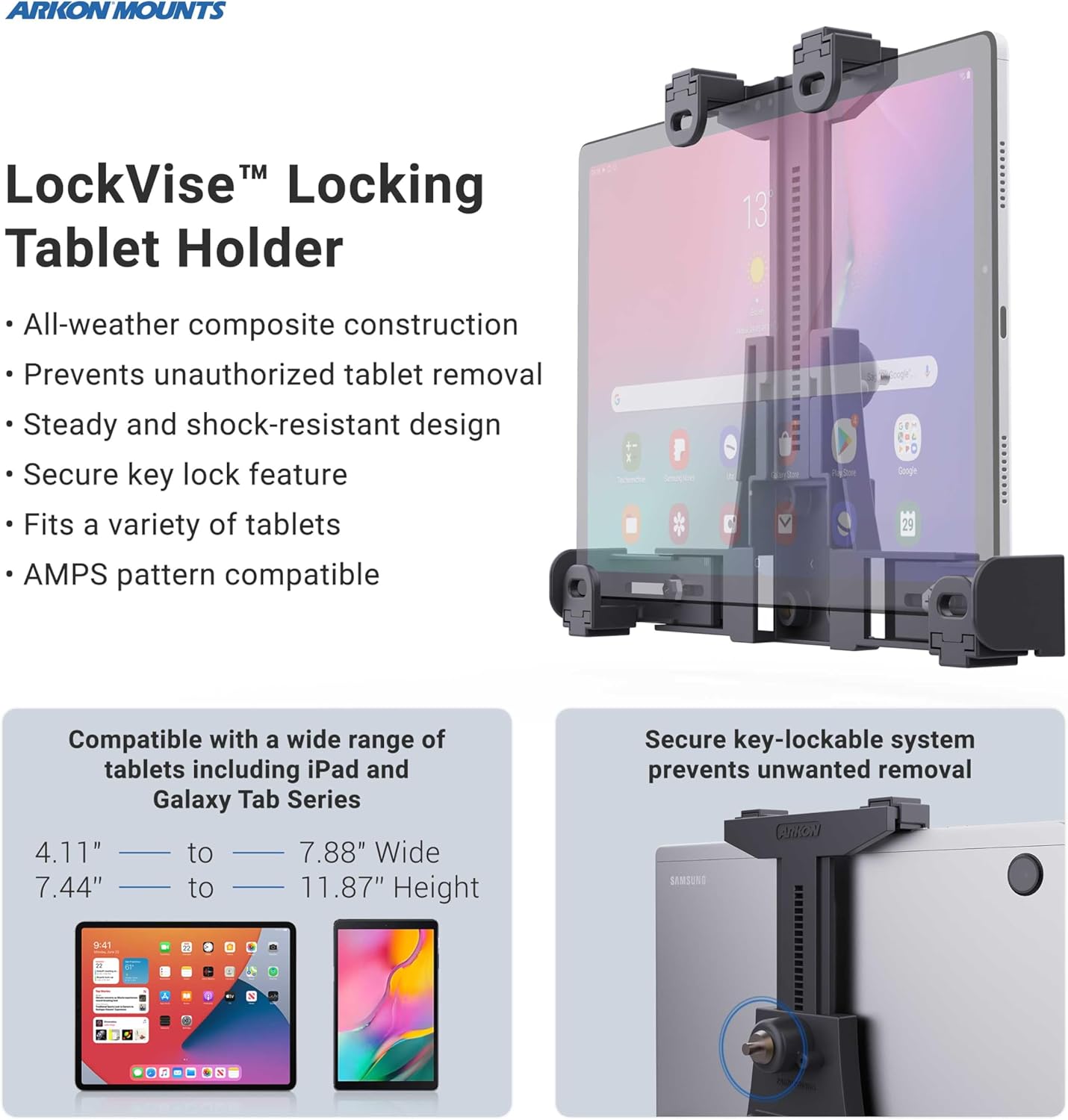 ARKON Mounts LockVise POS Drill-Base Locking Tablet Mount, 360° Adjustable Locking Tablet Holder, Secure Fixed Countertop or Wall Installation, for iPad POS Stand