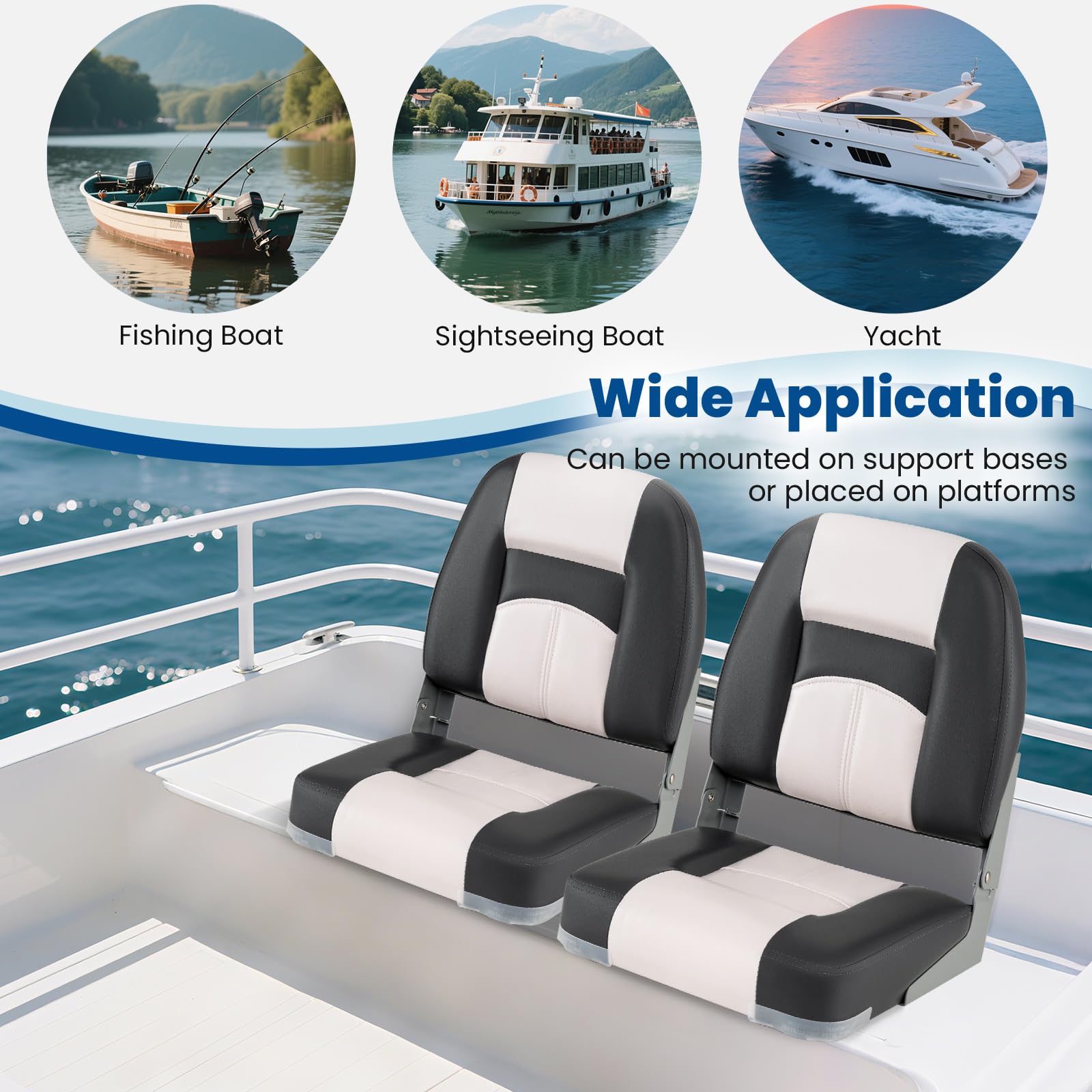 HOMASIS Juego de 2 sillas plegables para barco, acolchadas, con asiento de 7 cm de grosor, silla de control impermeable con respaldo y marco de metal, asiento de control para barcos, soporta hasta 150