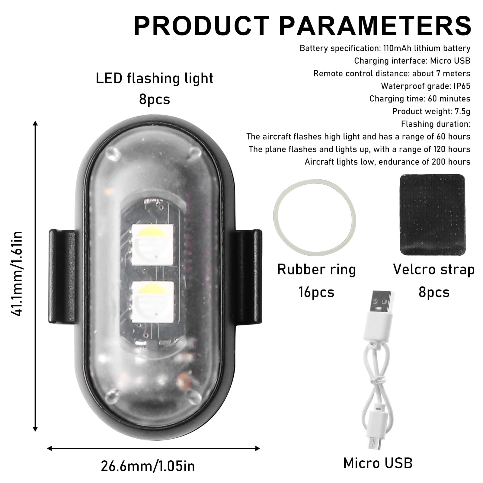 GBKDQQ Lot de 8 lumières LED sans fil pour voiture, éclairage d'ambiance avec charge USB et télécommande, flash LED, 8 couleurs, étanche, anti-collision, pour drone, camion, moto