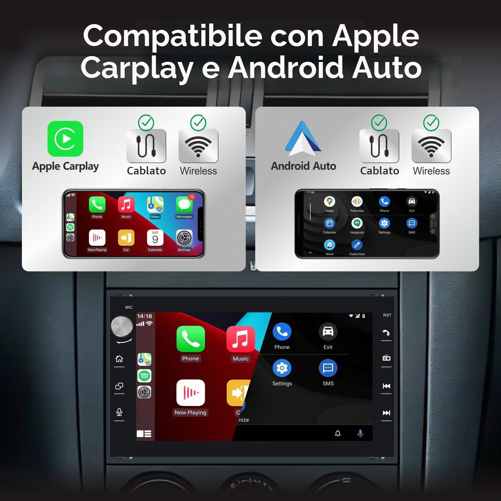Autoradio HLLECARMO per VW Golf 4, VW T5, Polo 9N, Passat B5, Seat e Skoda – Touchscreen da 7 pollici, CarPlay e Android Auto wireless, Bluetooth/AM/FM/SWC/USB/DSP-EQ, CAN-bus, MirrorLink