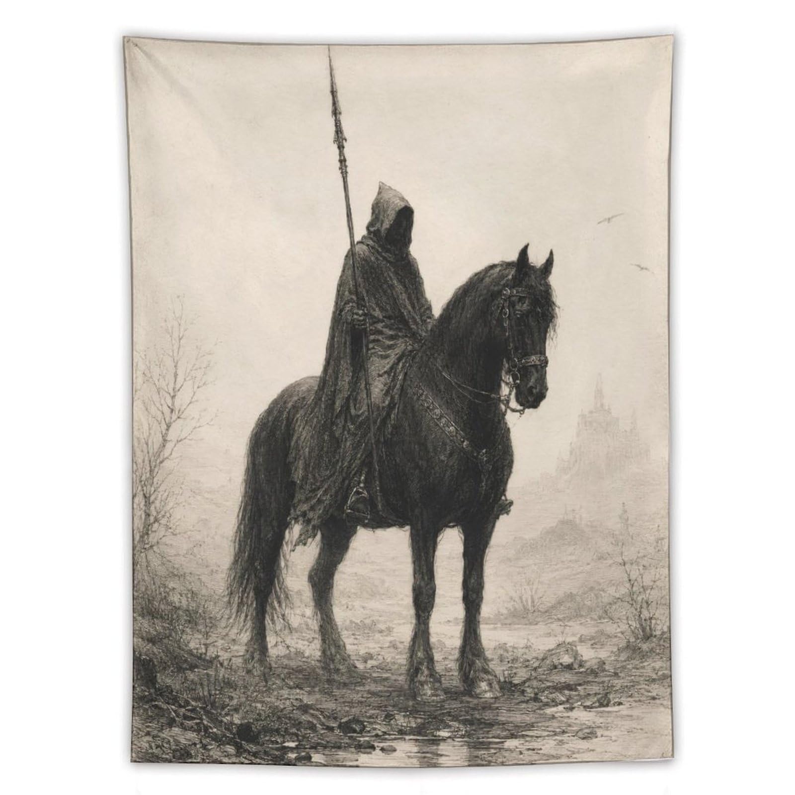 H3B8U2Y5 Lone Horseman Wall Tapestry, Asian Ink, Misty Landscape