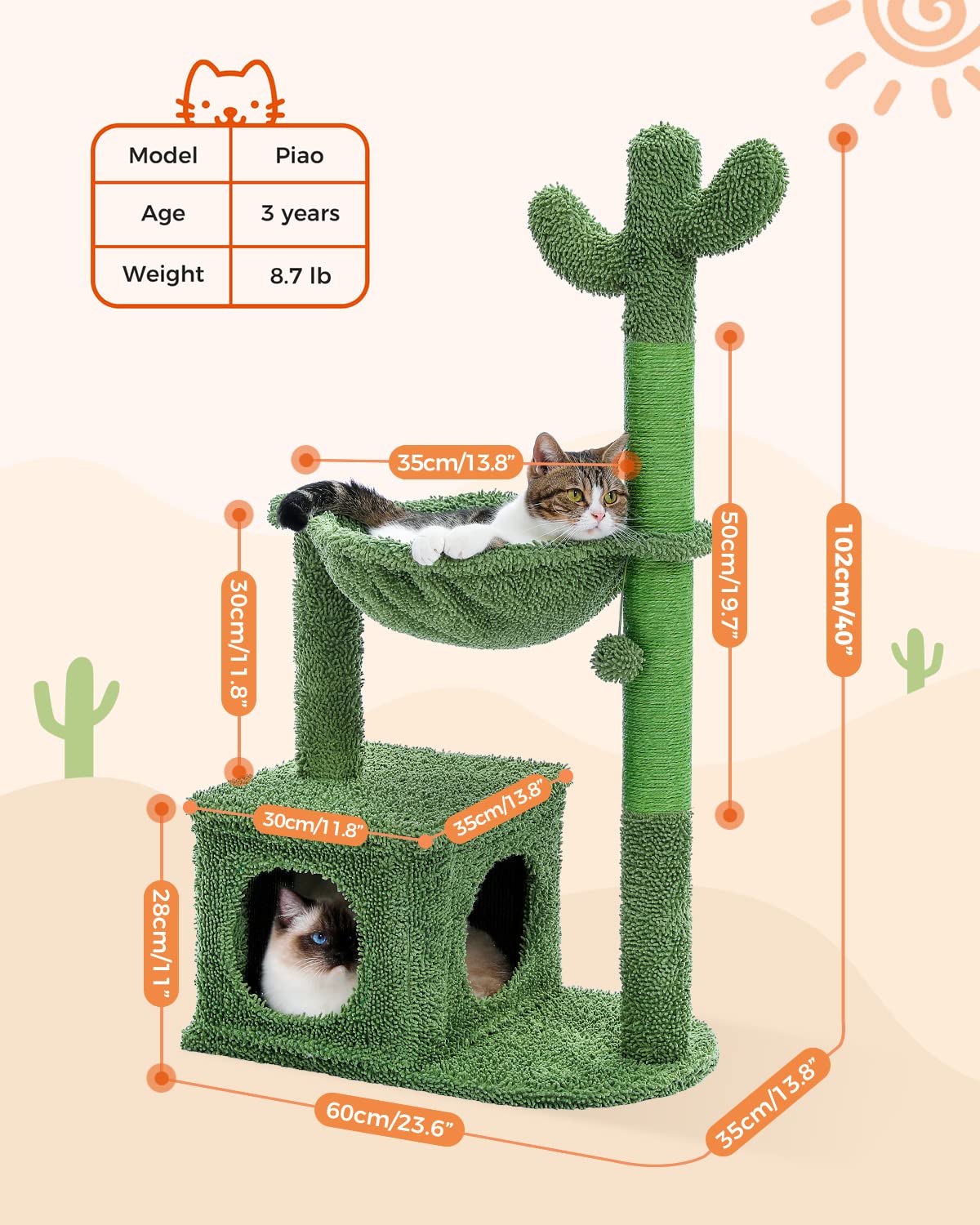PAWZ Road Albero tiragraffi a forma di cactus per gatti interni, tiragraffi per gatti, torre da gioco per gatti con amaca, 102 cm, AY401-AMT0195GN