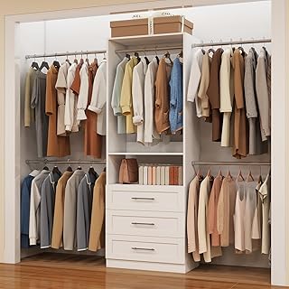Closet System, 4FT-9FT Closet Organizer System with 3 Wooden Drawers Walk-in Closet Storage System with 5 Expandable Hanging Rods Garment Rack Wall Mount White