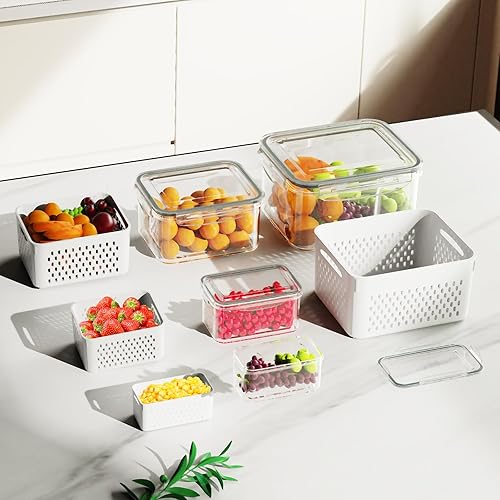 Miniatura 6 de 4 recipientes de almacenamiento de frutas para refrigerador (con cesta de drenaje), recipientes de alimentos a prueba de fugas, sin BPA, mantienen