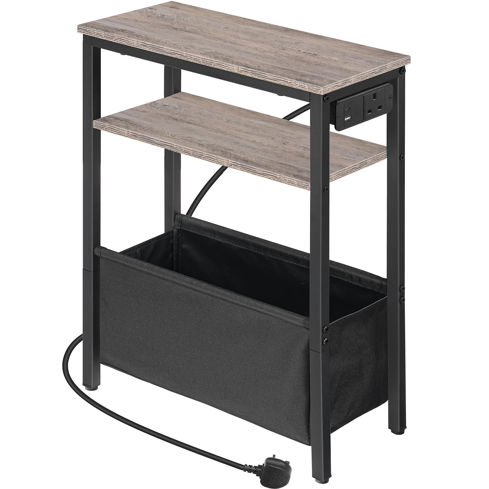 HOOBRO Narrow Side Table, Slim Bedside Table with Charging Station for Small Space, USB & Type-C Ports, 40 x 20 x 60 cm, for Living Room, Greige and Black EBG125KBZ01