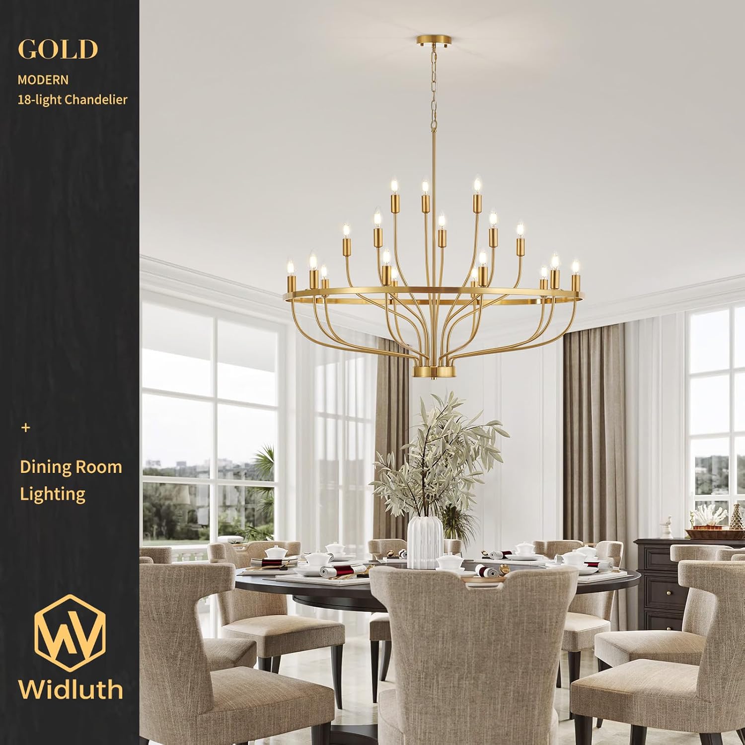 39.4" Modern Gold Chandelier Vintage 18-Lights Mid Century Modern Candle Style Chandeliers Light Fixture Large Rustic Golden Chandelier for Dining Room, Kitchen Island, Living Room, E12