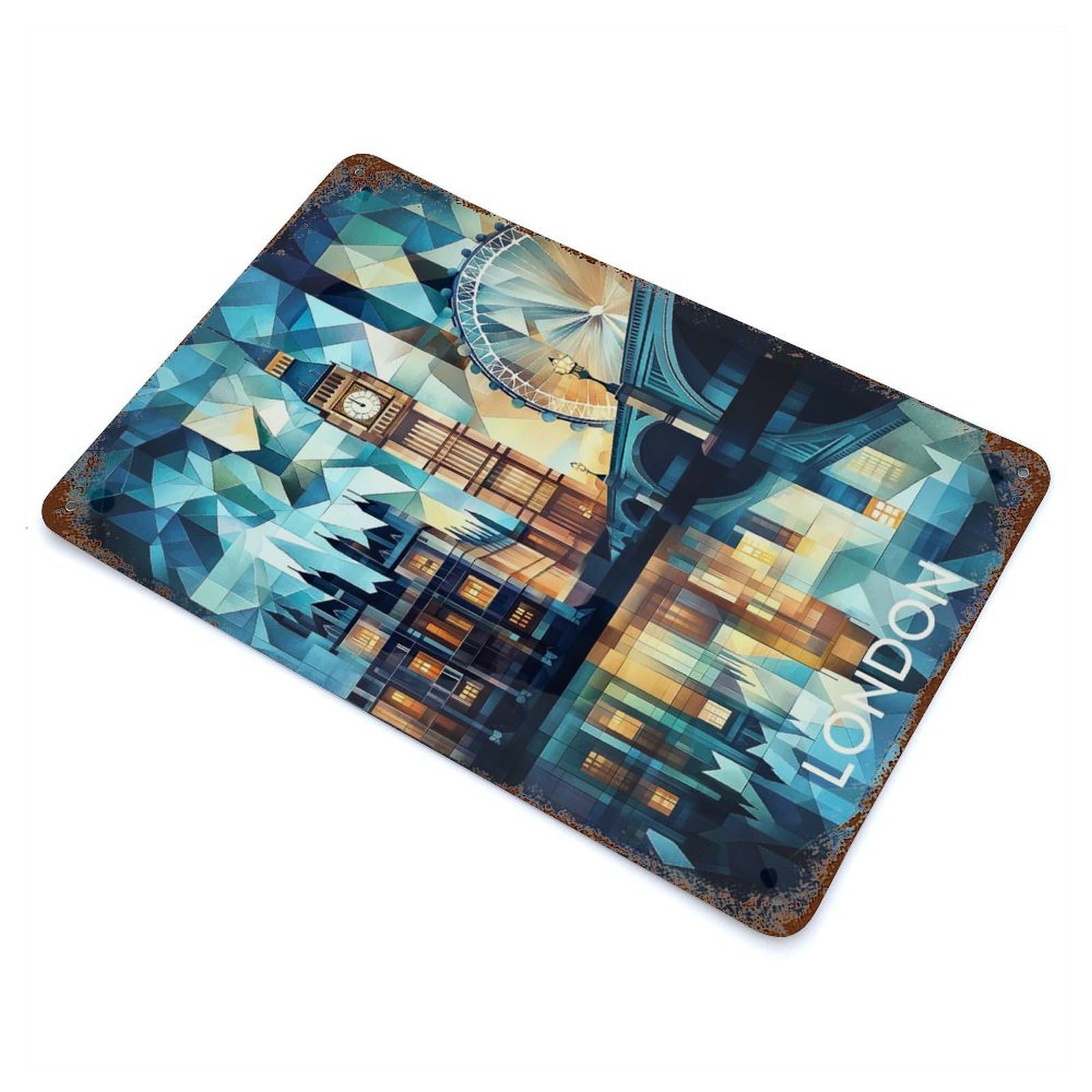 Abstract Cubist London Skyline with Iconic Landmarks Rust Effect Tin Sign 11.8"x7.9", Retro Wall Decor for Patio, Garden Room And Bar Decor