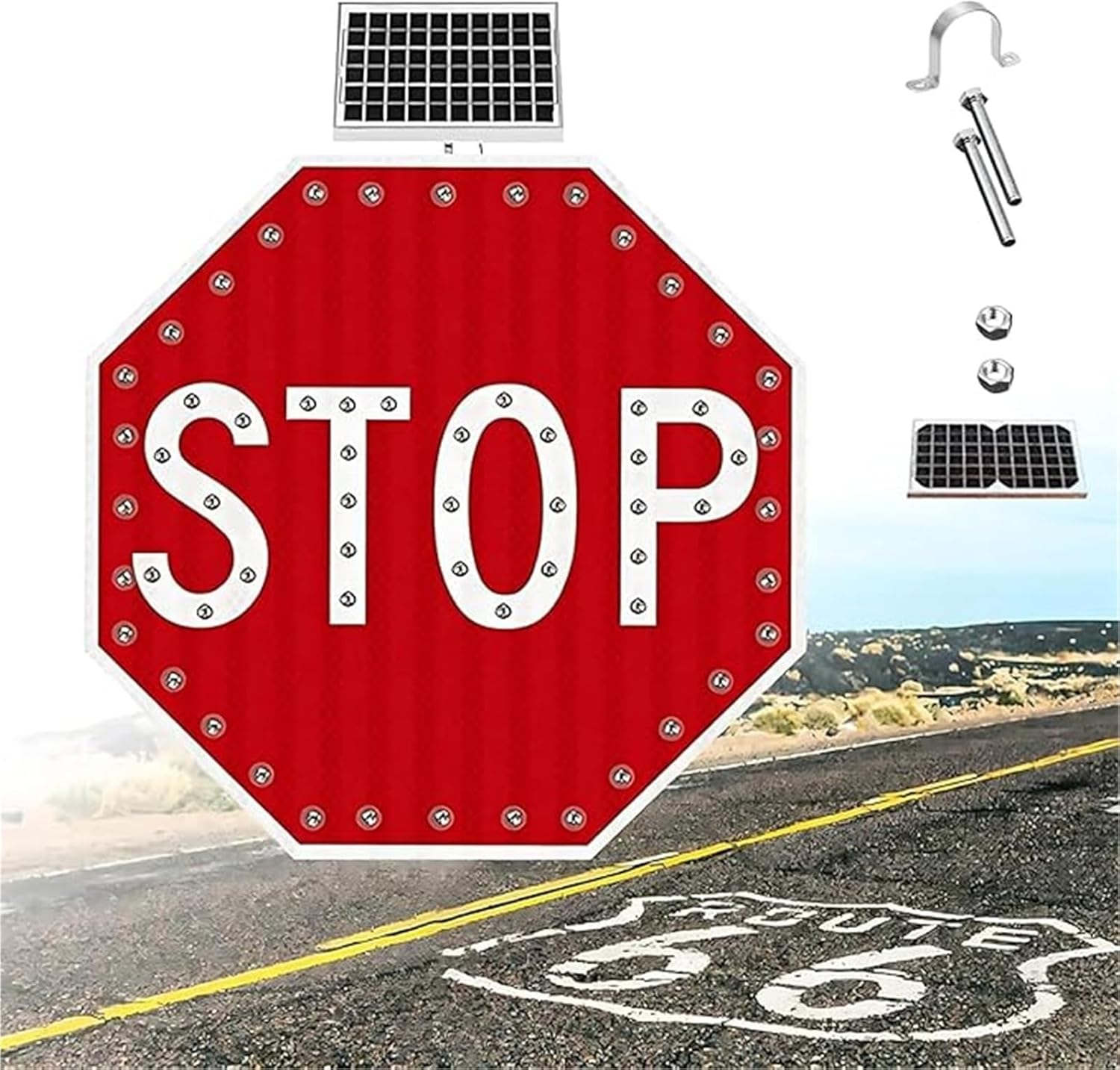 30" Solar-Powered LED Stop Sign - Blinking Traffic Warning Light for Outdoor Streets, Energy-Efficient Safety Sign for Vehicles and Pedestrians, Always On Visibility