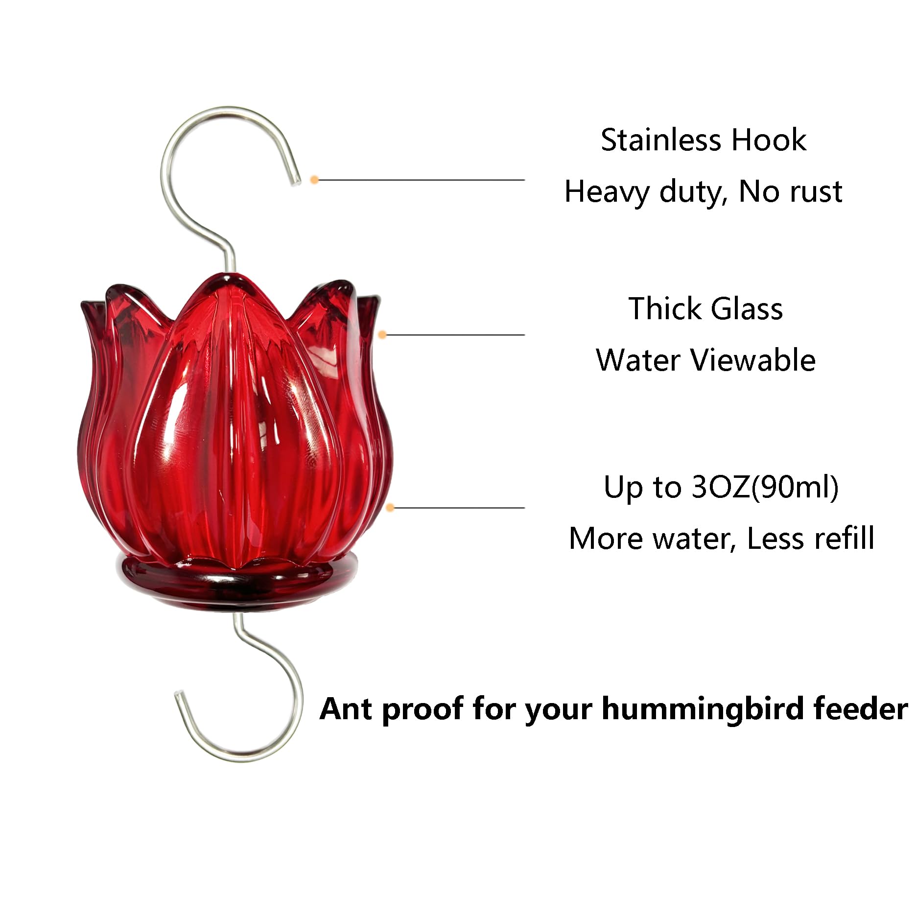 Foso de cristal real para comederos de colibríes y comederos de oropolas, protector de insectos en forma de tulipán de vidrio con diseño de flores de gran capacidad, ganchos para comedero de néctar