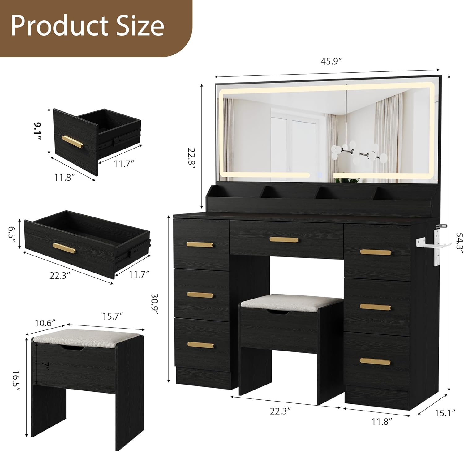 Garvee Vanity Desk with Large Mirror and Lights, 45.9 in Makeup Vanity Desk, 3 Lighting Modes Adjustable Brightness, Vanity Table with Power Outlet &8 Drawers, for Powder Room and Bedroom