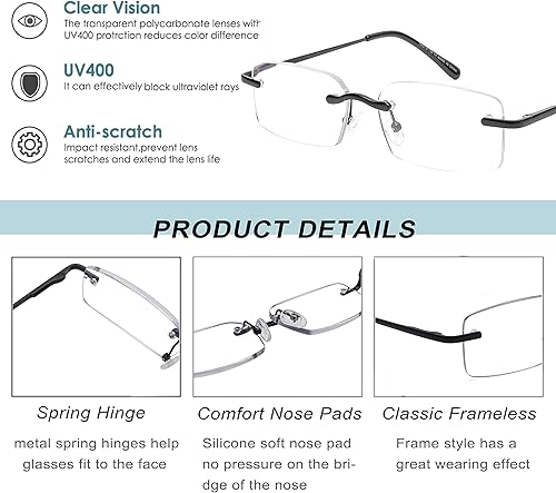 Miniatura 3 de HIYANJN Gafas de lectura sin marco con bloqueo de luz azul, lector de computadora sin montura para hombres (3 unidades)