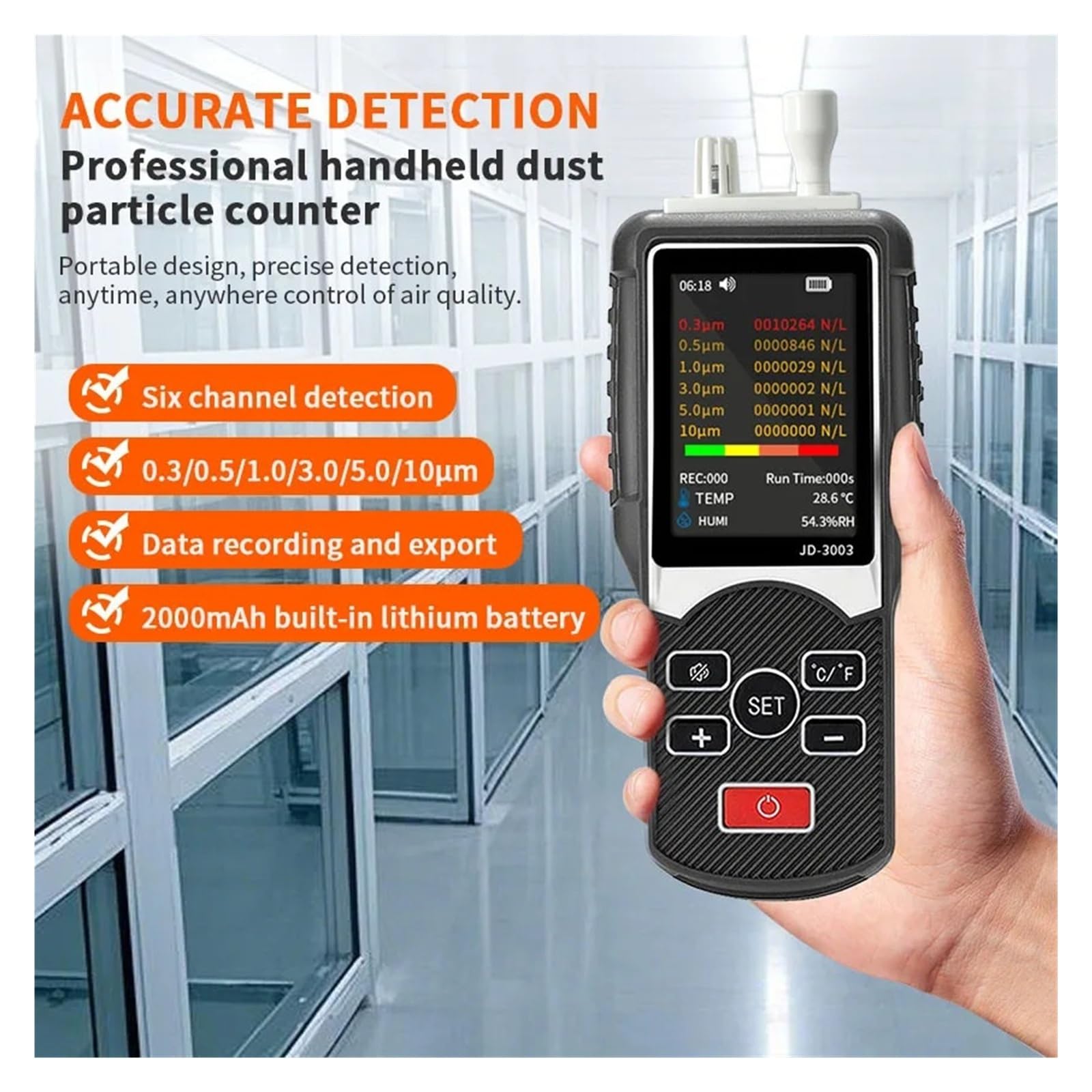 Contador de partículas portátil JD 3003 con tamaños de partículas de Seis Canales (0,3, 0,5, 1,0, 2,5, 5,0, 10 Μ M) Pantalla LCD for el Trabajo y el hogar Monitoreo rápido