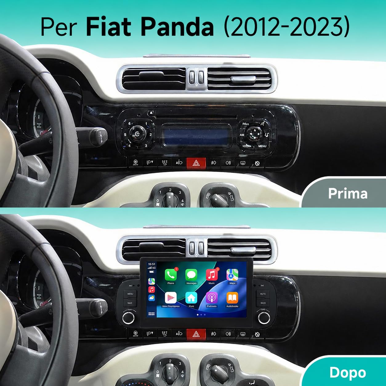 VIBEX | Autoradio per FIAT PANDA dal 2012 al 2023 7 pollici | Wireless CarPlay e Android Auto | Touch | AVVIO FLASH | Bluetooth, WiFi,USB, Comandi al Volante