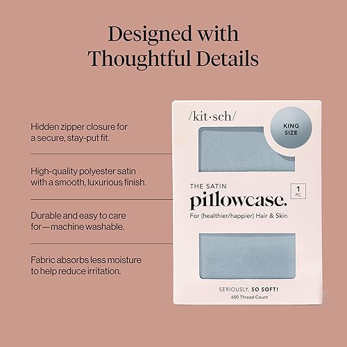 Vista 78 de Kitsch Funda de almohada de satén con cremallera para cabello y piel, tamaño Queen, más suave que la seda, paquete de 2 fundas de almohada 02.
