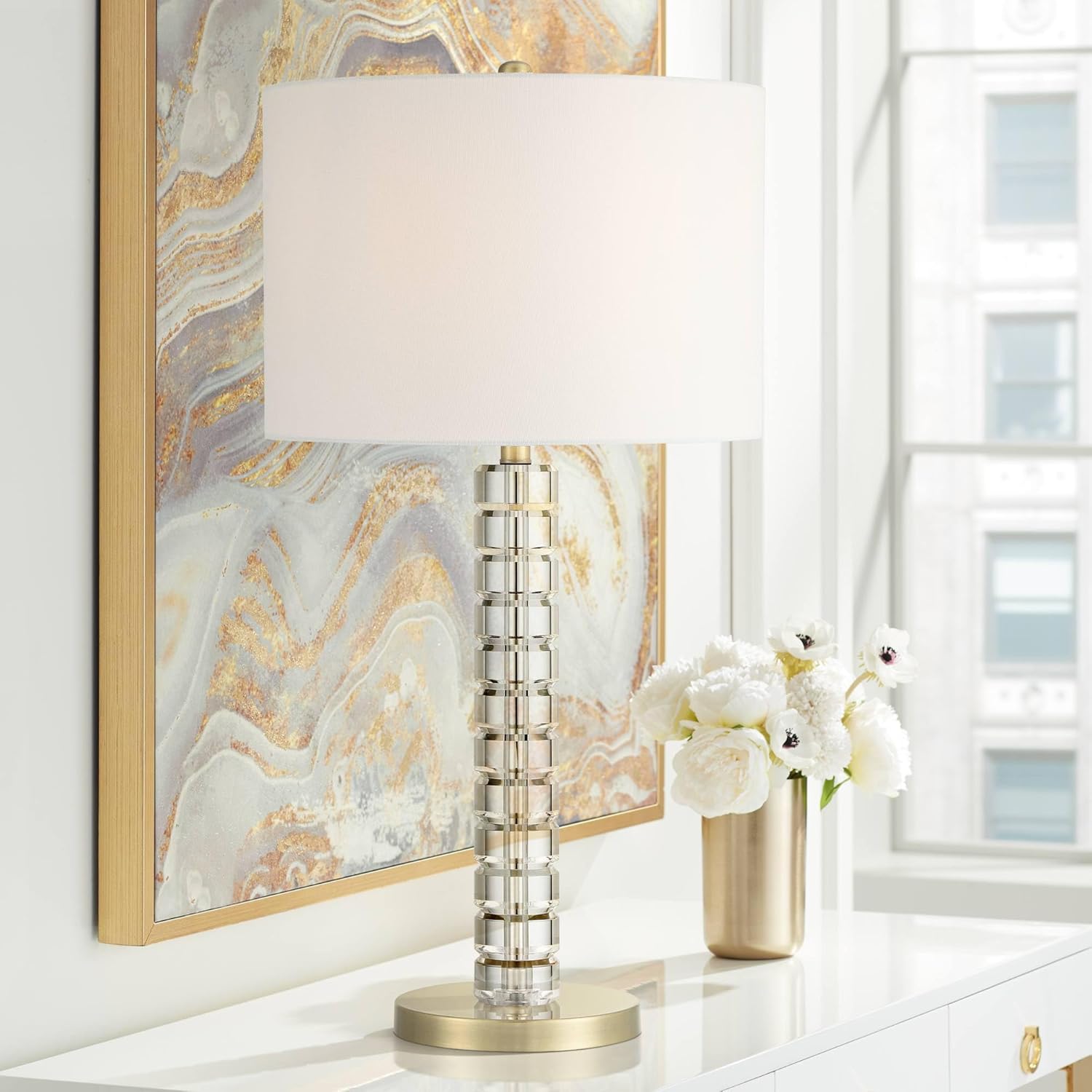 Possini Euro Design Cecil 31" Tall Large Modern End 3-Way Table Lamp Clear Gold Brass Finish Acrylic Metal Single Fabric White Shade Living Room Bedroom Bedside Nightstand House Office Home Reading