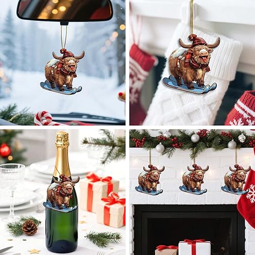Miniatura 7 de Adorno de Navidad de vaca de las montañas, adorno con estampado de vaca para decoración de árbol de Navidad, adorno colgante de ganado de las