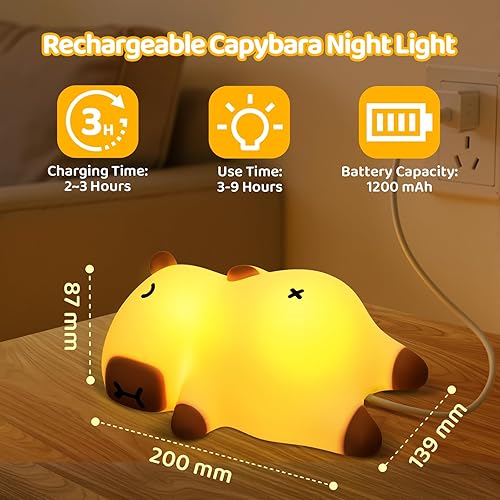 Miniatura 6 de Mewaii Luz nocturna de capybara para niños, lámpara capibara de silicona con sonido de ronquidos con atenuación de 3 niveles, linda luz recargable,