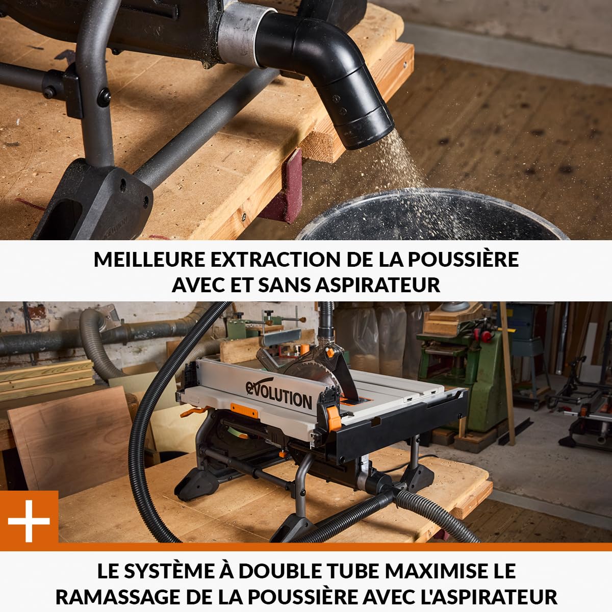 Evolution Power Tools R255TBL+ Scie De Table Rage 5-S Lame Multi-Matériaux 1800W Coupe Bois Métal Plastique Chanfrein 45° Onglet +/-60°