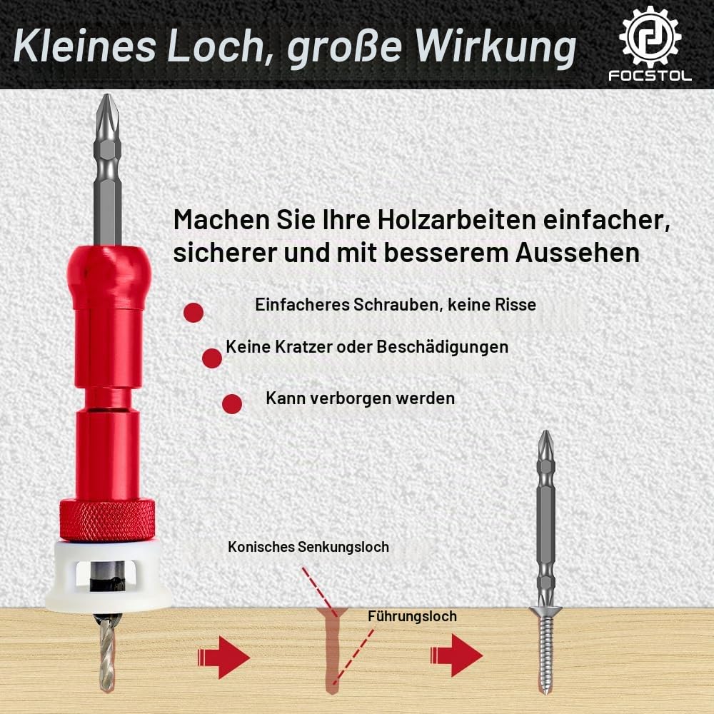 FOCSTOL Senkbohrer Holz Kegelsenker Bohrer Set mit Tiefenanschlag - 5 Stück (3,2/3,6/4/4,4/4,8mm) Bohrsenker mit Tiefenanschlag mit 6,35mm Sechskantschaft für Holz, Kunststoff, Holzverarbeitung
