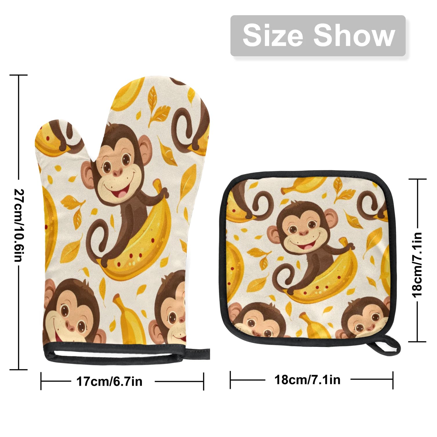 Bananas Monkeys Oven Mitts Kitchen Oven Gloves for Cooking Baking Heat Proof Lining Cotton Kitchen Potholder Mittens Pot Holders Hot Pads for Chef Women Men