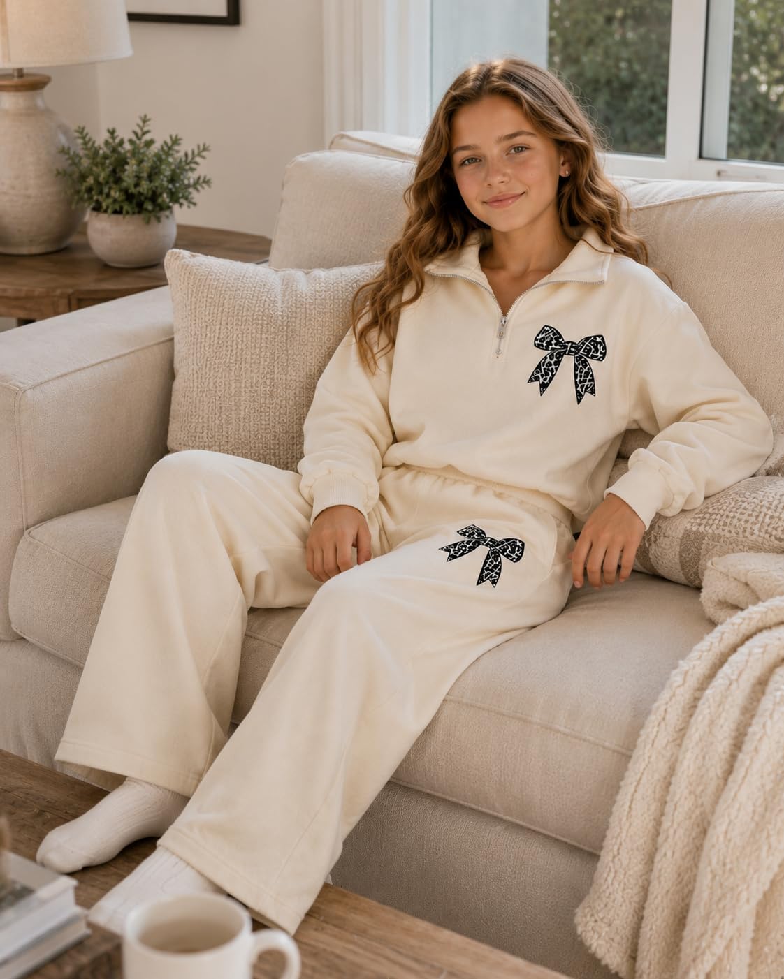Tween Girls Clothes Long Sleeve BowBow Zip-Up Sweatshirt + Wide Leg Pants 2 Piece Outfit Set, Size 7-16Years image 5