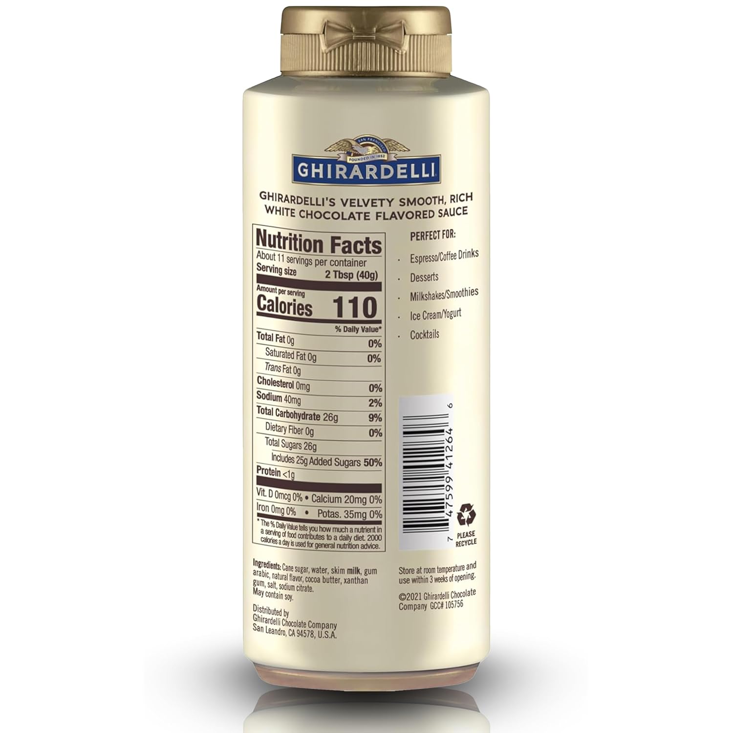 Ghirardelli White Chocolate Flavored Sauce Squeeze Bottles | 16 oz (Pack of 2) | Smooth Creamy White Chocolate Dessert Topping for Coffee Drinks, Ice Cream, and Baking Recipes