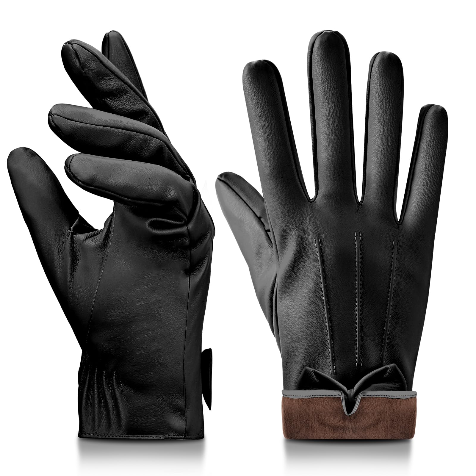 ZUIMEIHQH Black Leather Gloves Women, Warm Touch Screen Ladies Leather Gloves, Fleece Lining PU Winter Glove Women for Driving Riding Cycling (Black)