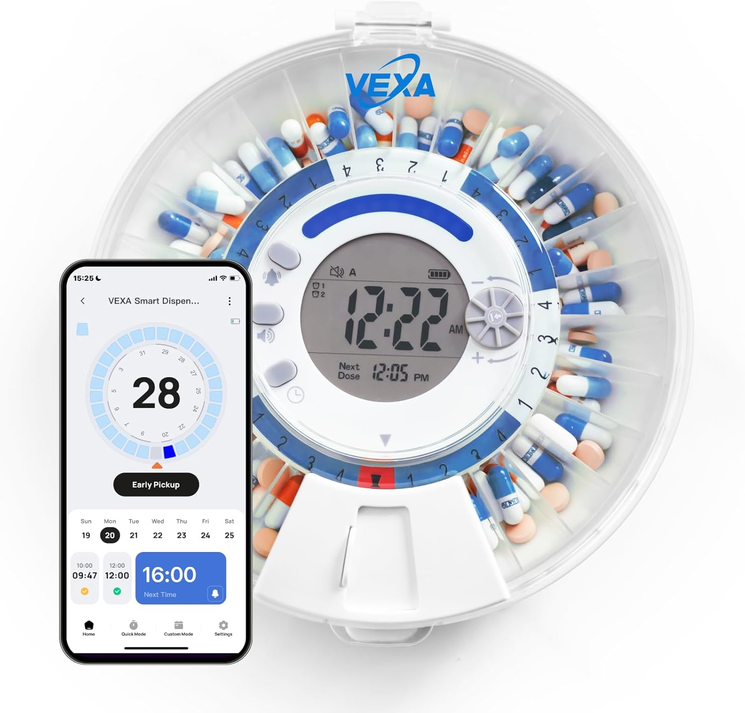 VEXA VitaMate 28 Smart Automatic Pill Organizer with Exclusive Self-Developed App, 28-Slot Monthly Medication Management, App-Connected Sound Alerts, Easy Flip-to-Dispense for Vitamins & Tablets