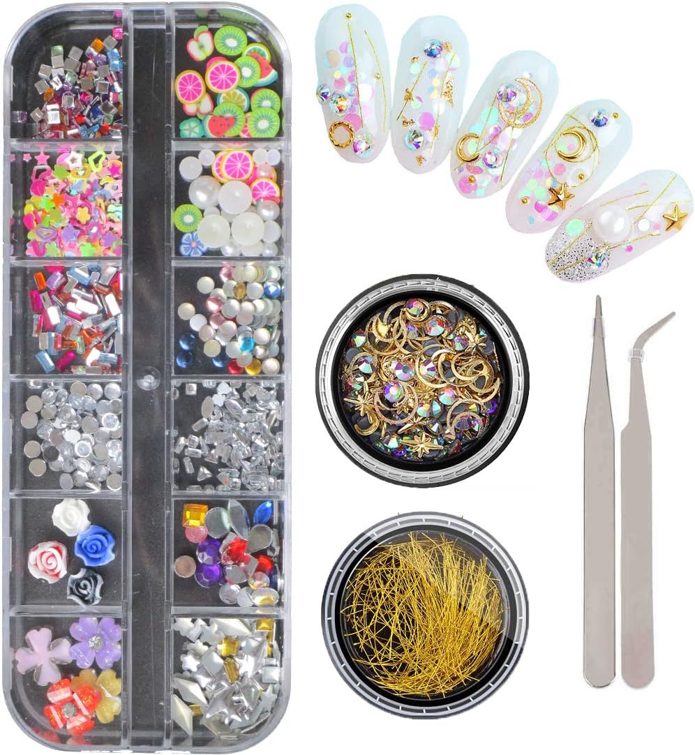 3D Nail Art Decoration Kits Nail Rhinestones Glitter Sequins Diamonds Metallic Rivets Studs Gold Geometric Patterns Fimo Fruit Slices Pearl DIY Accessories Nails Tips (Bi011A)