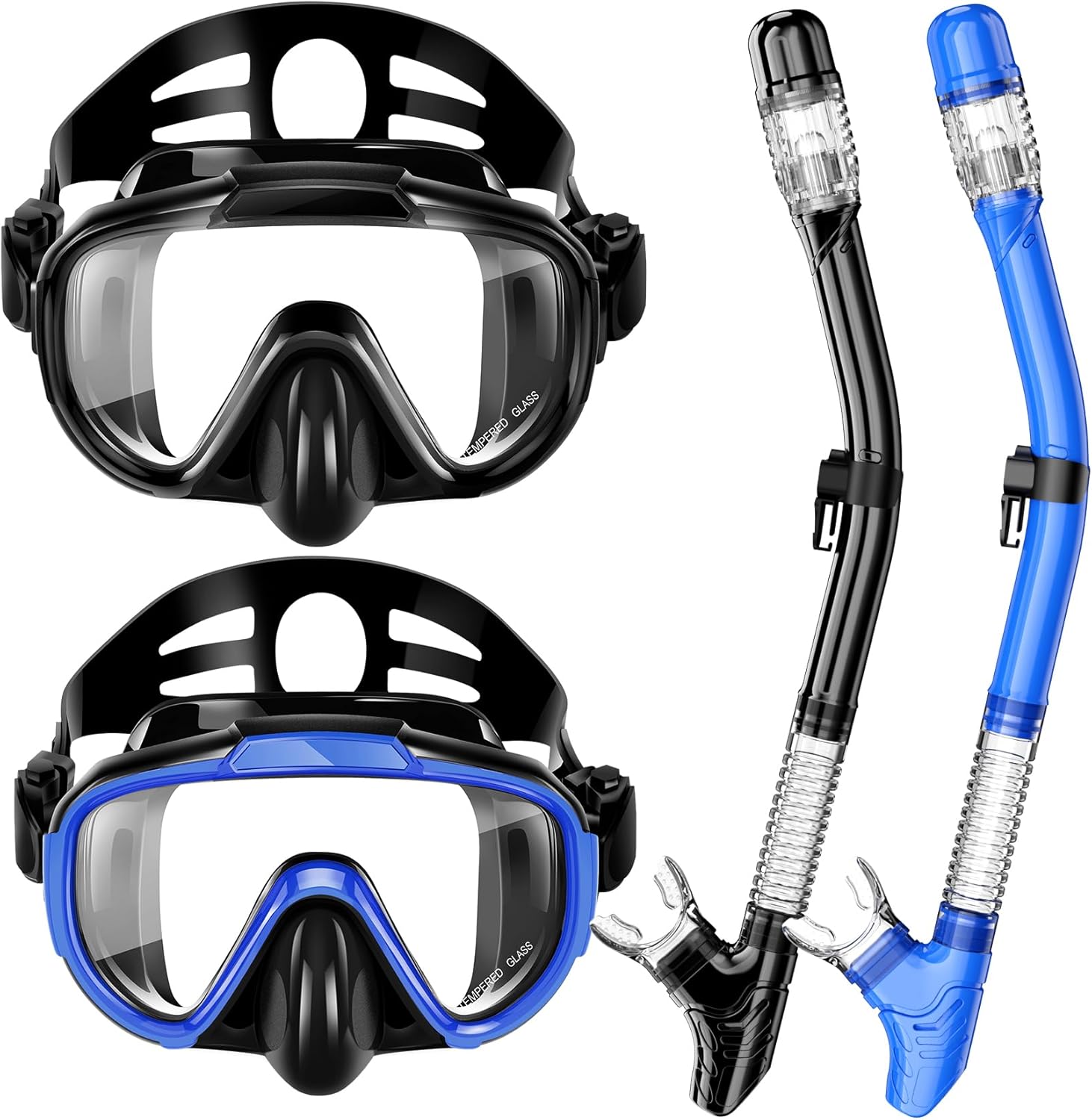 Snorkeling Gear for Adults, Dry Top Snorkel Set with Panoramic Anti-Leak and Anti-Fog Tempered Glass Lens, Adjustable Snorkeling Set for Scuba Diving Swimming Training Snorkel Kit