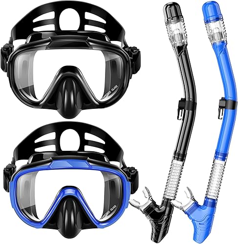 Snorkeling Gear for Adults, Zipoute Snorkel Dry Top Snorkel Set, Panoramic Anti-Leak and Anti-Fog Tempered Glass Lens, Adults Adjustable Snorkeling