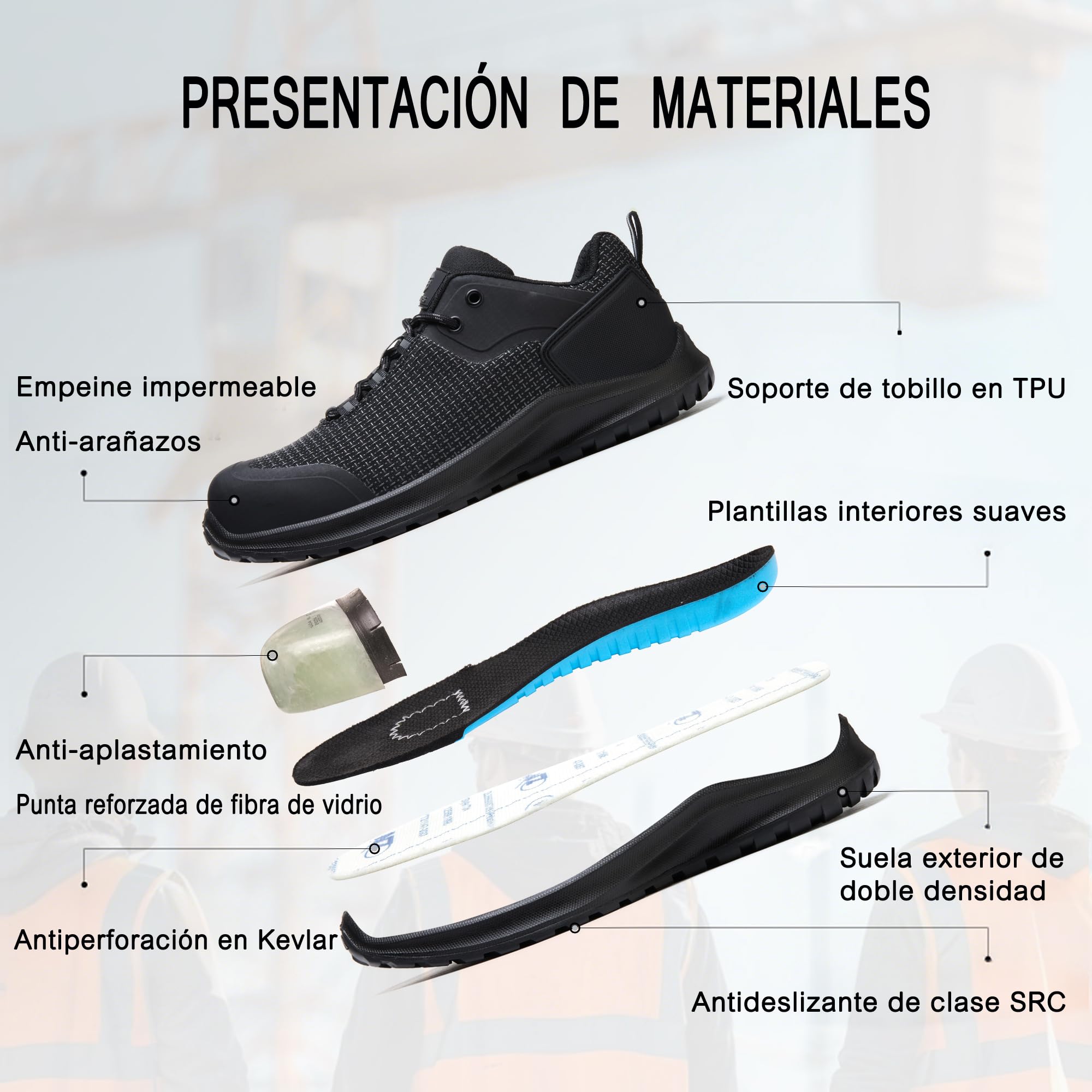 Zapatos de Seguridad para Hombre Mujer S3 ESD Calzado de Seguridad SRC FO | Antideslizante Zapatillas Trabajo Impermeables Zapatos de Trabajo sin Metal Resistente al Calor